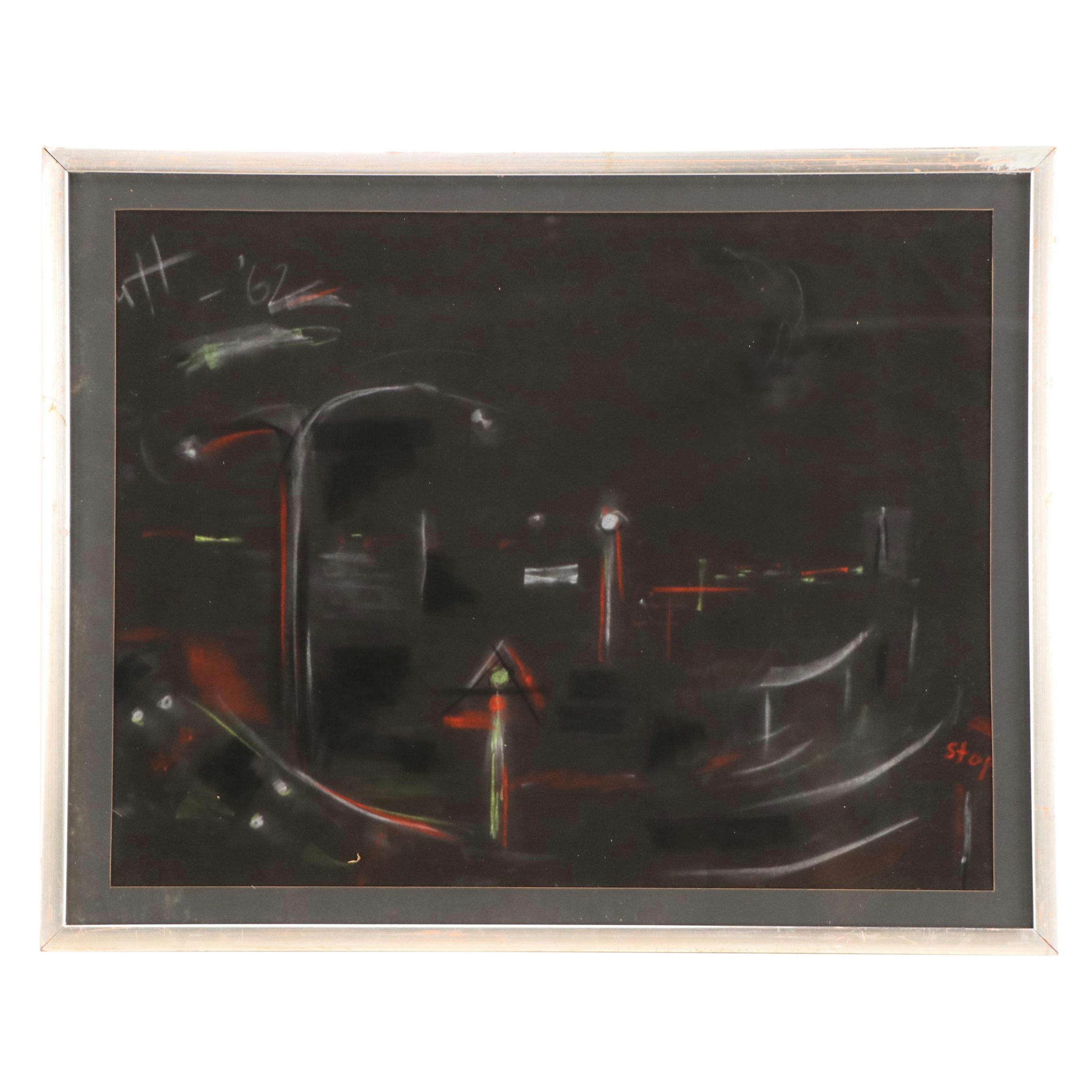 Nocturne Street Scene Chalk Pastel Drawing, 1962