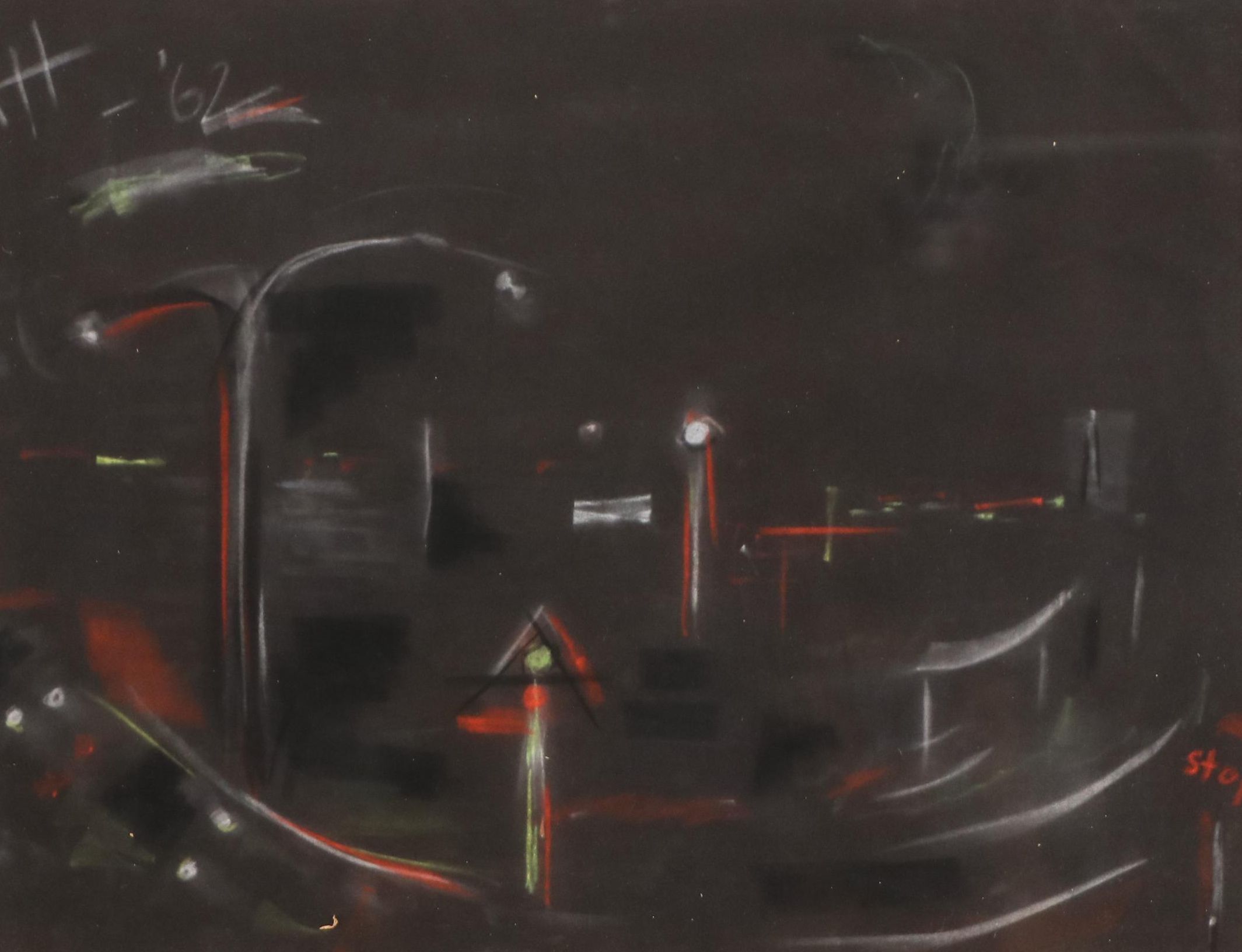Nocturne Street Scene Chalk Pastel Drawing, 1962