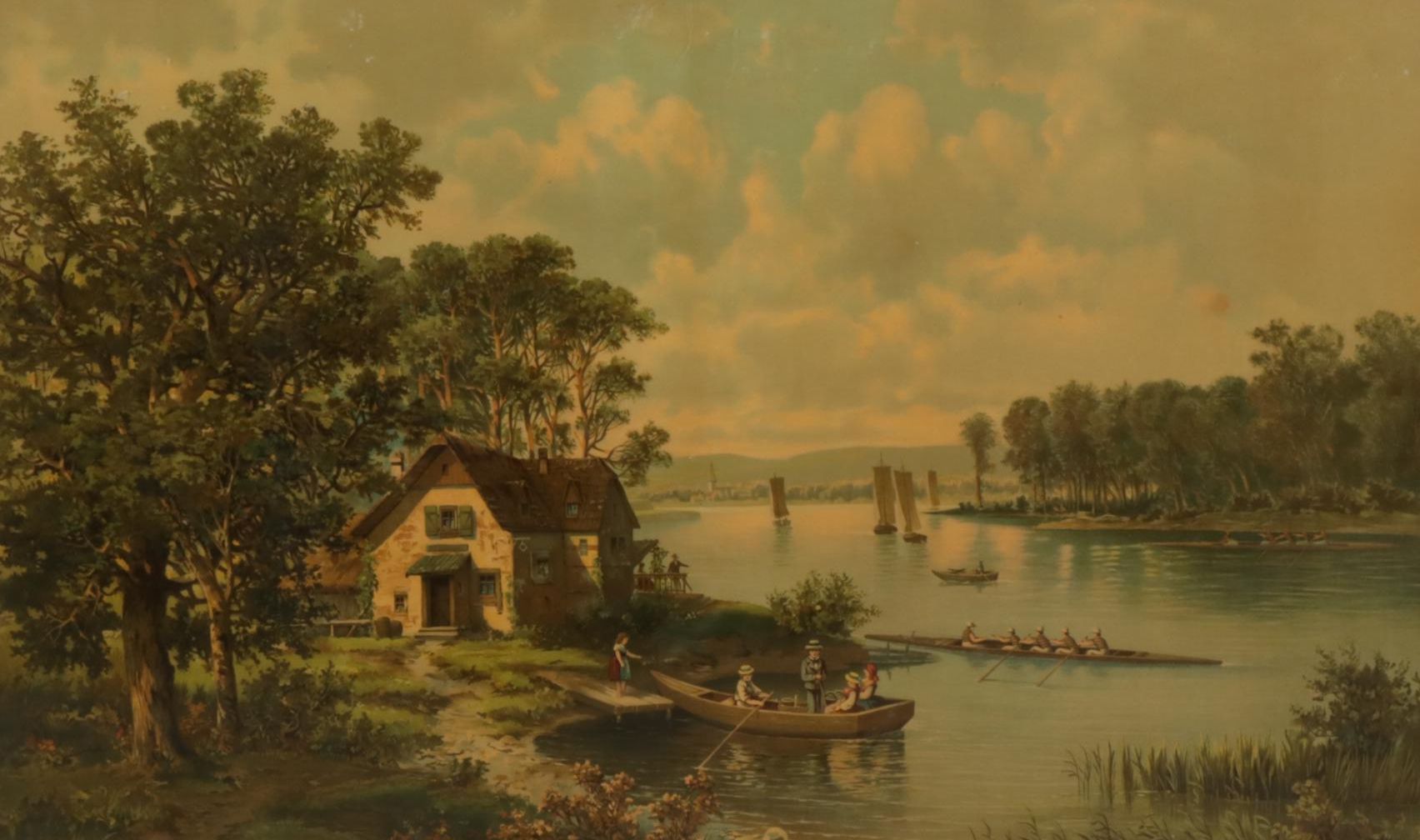 Riverside Landscape Color Lithograph, Early 20th Century