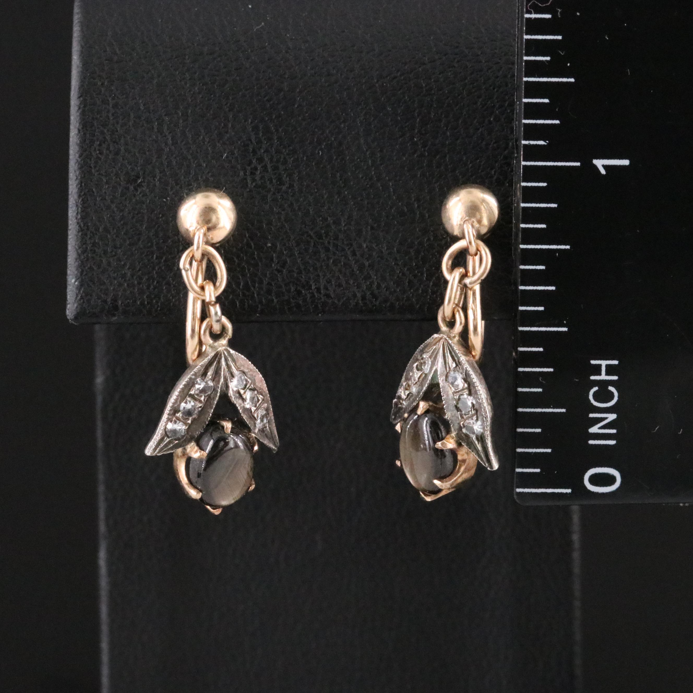 Vintage 14K Star Sapphire and White Spinel Floral Earrings with Sterling Accents