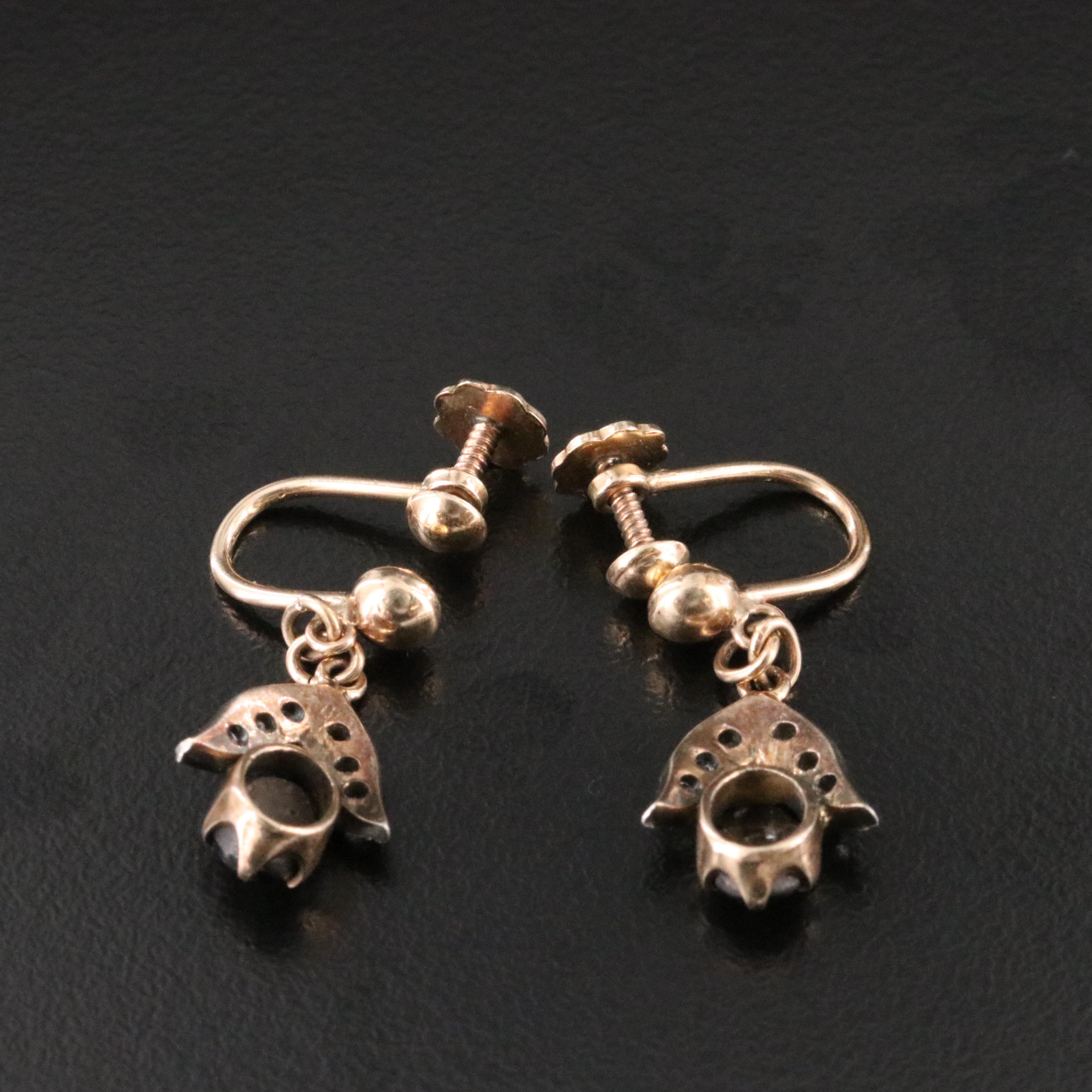 Vintage 14K Star Sapphire and White Spinel Floral Earrings with Sterling Accents