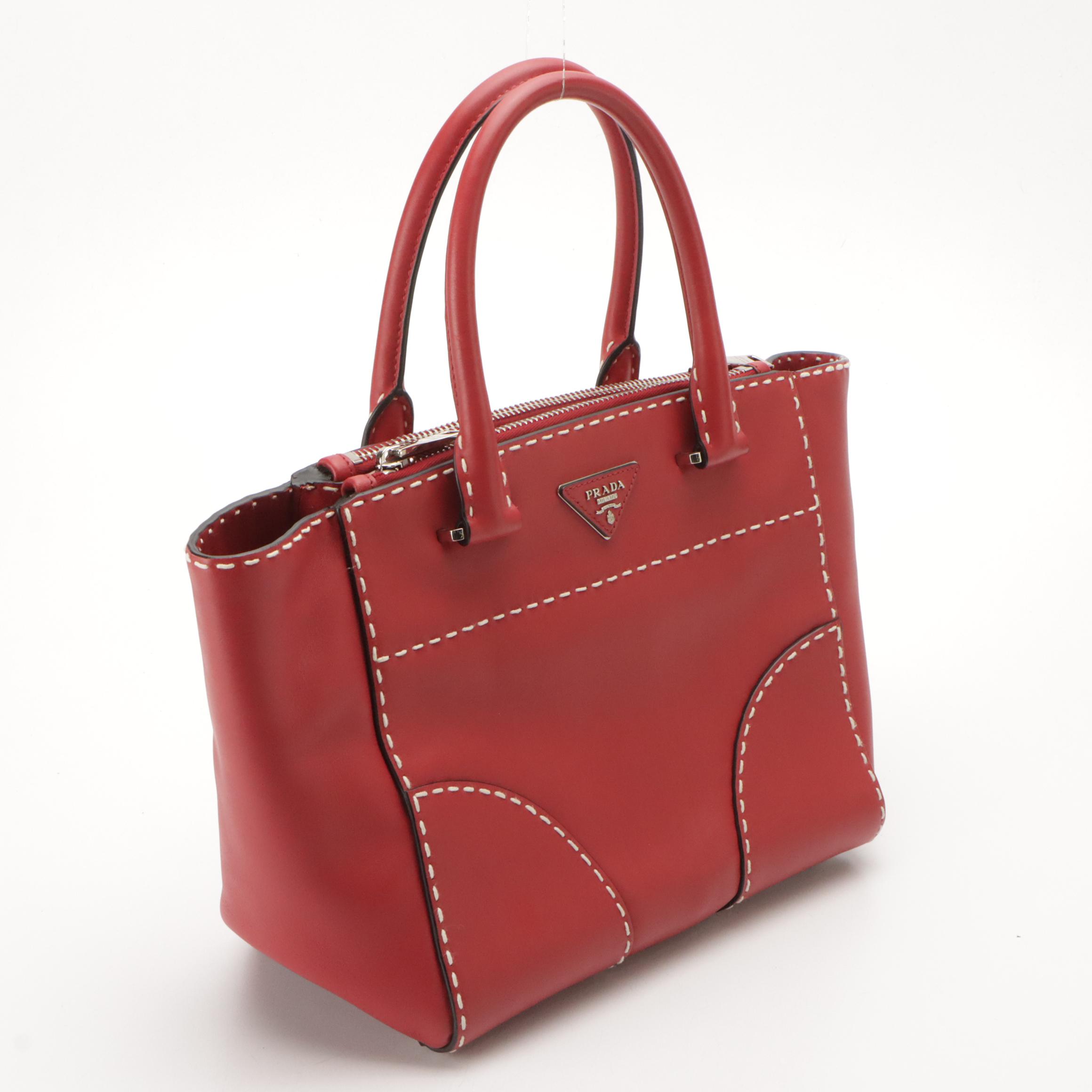 Prada Double Zip Satchel B2861K in Topstitched Fuoco City Calfskin Leather