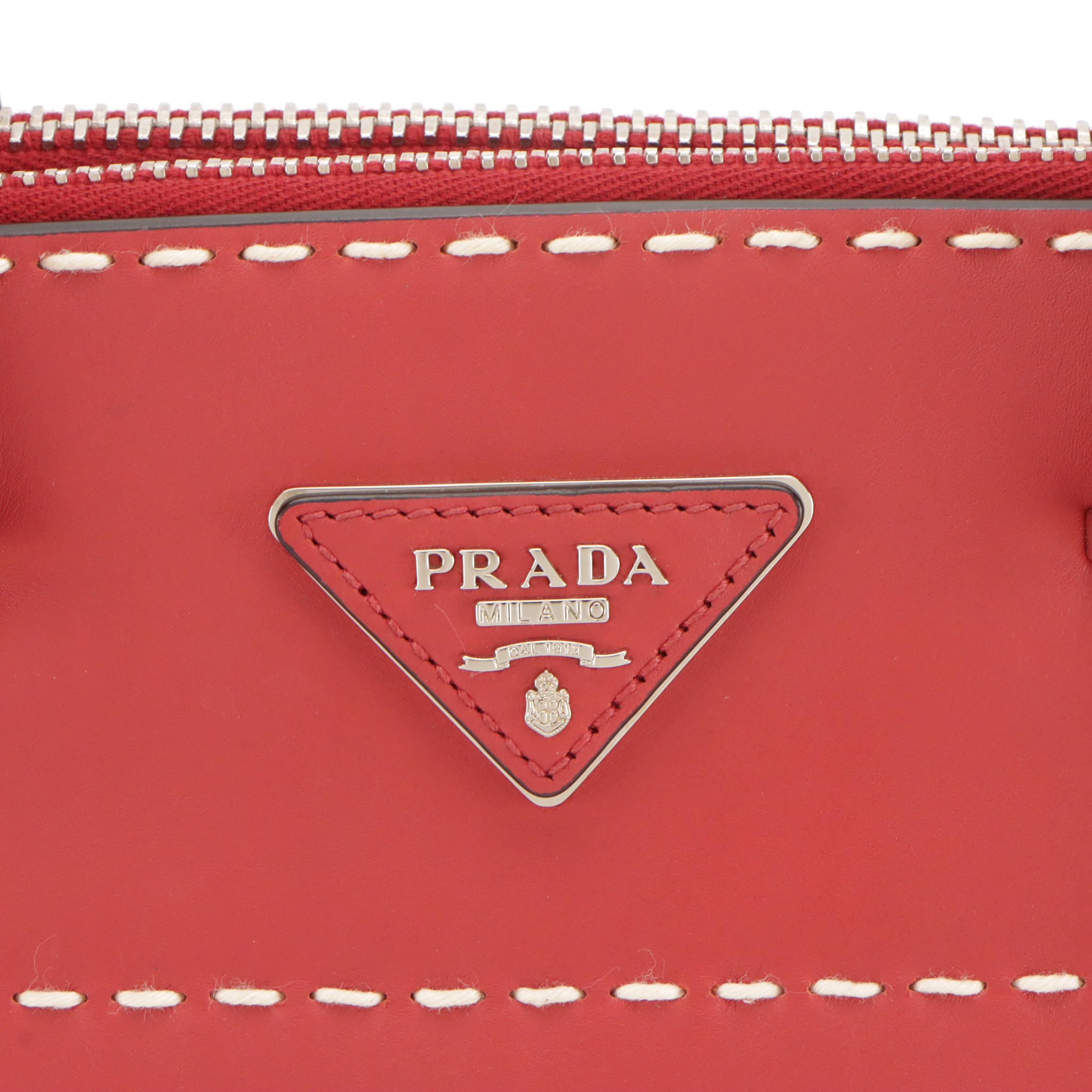 Prada Double Zip Satchel B2861K in Topstitched Fuoco City Calfskin Leather