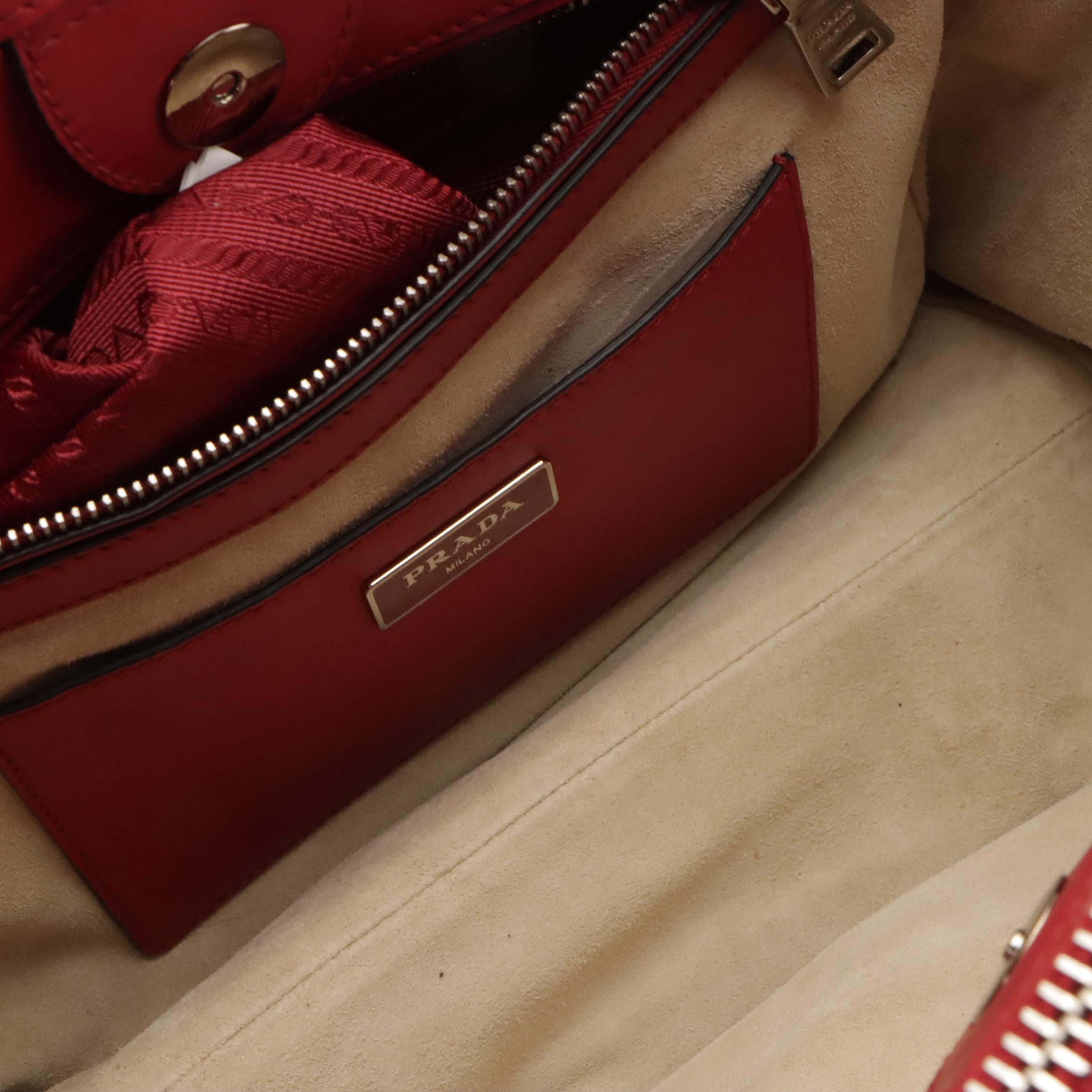 Prada Double Zip Satchel B2861K in Topstitched Fuoco City Calfskin Leather