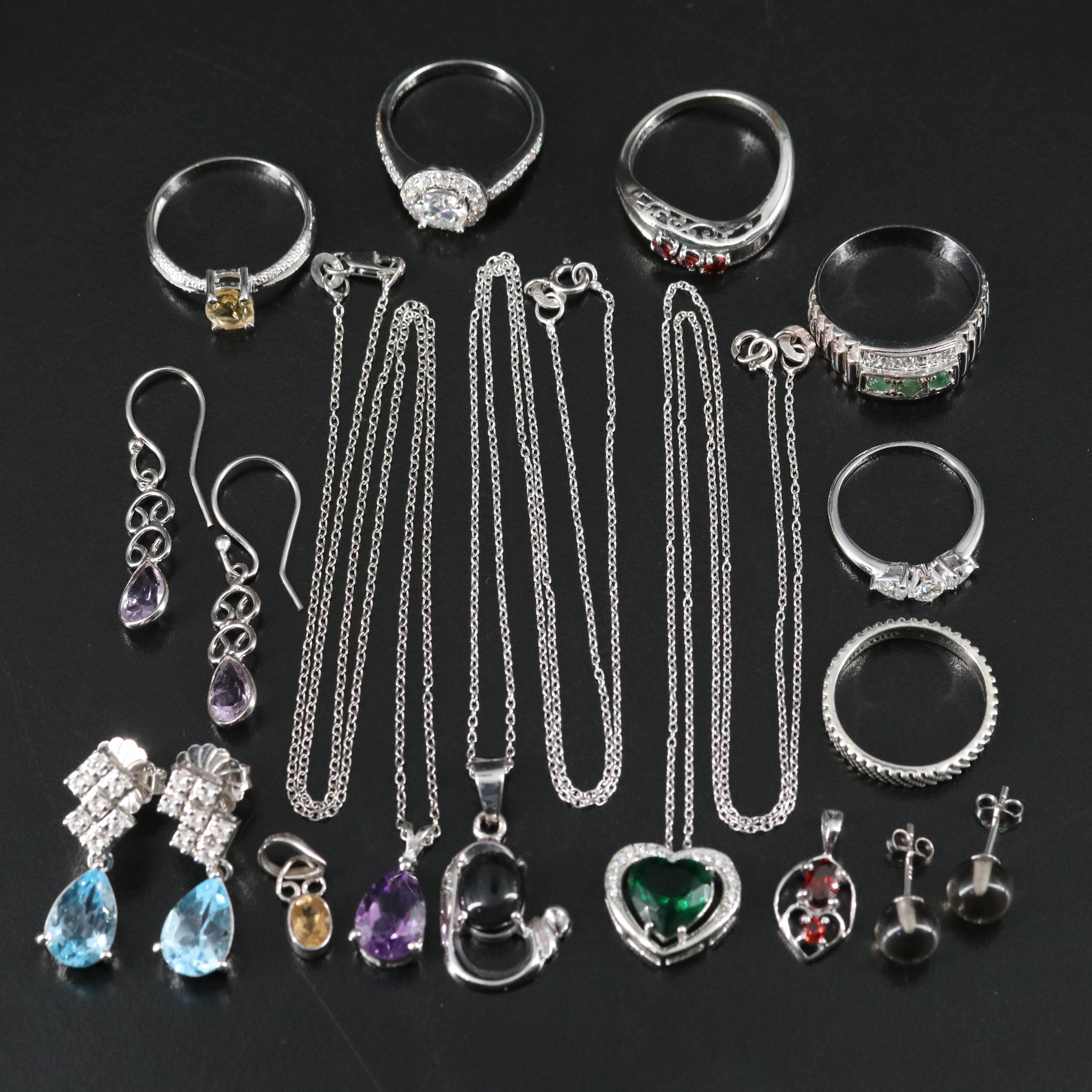 14 Assorted Sterling Silver Rings, Necklaces, Earrings, and Pendants