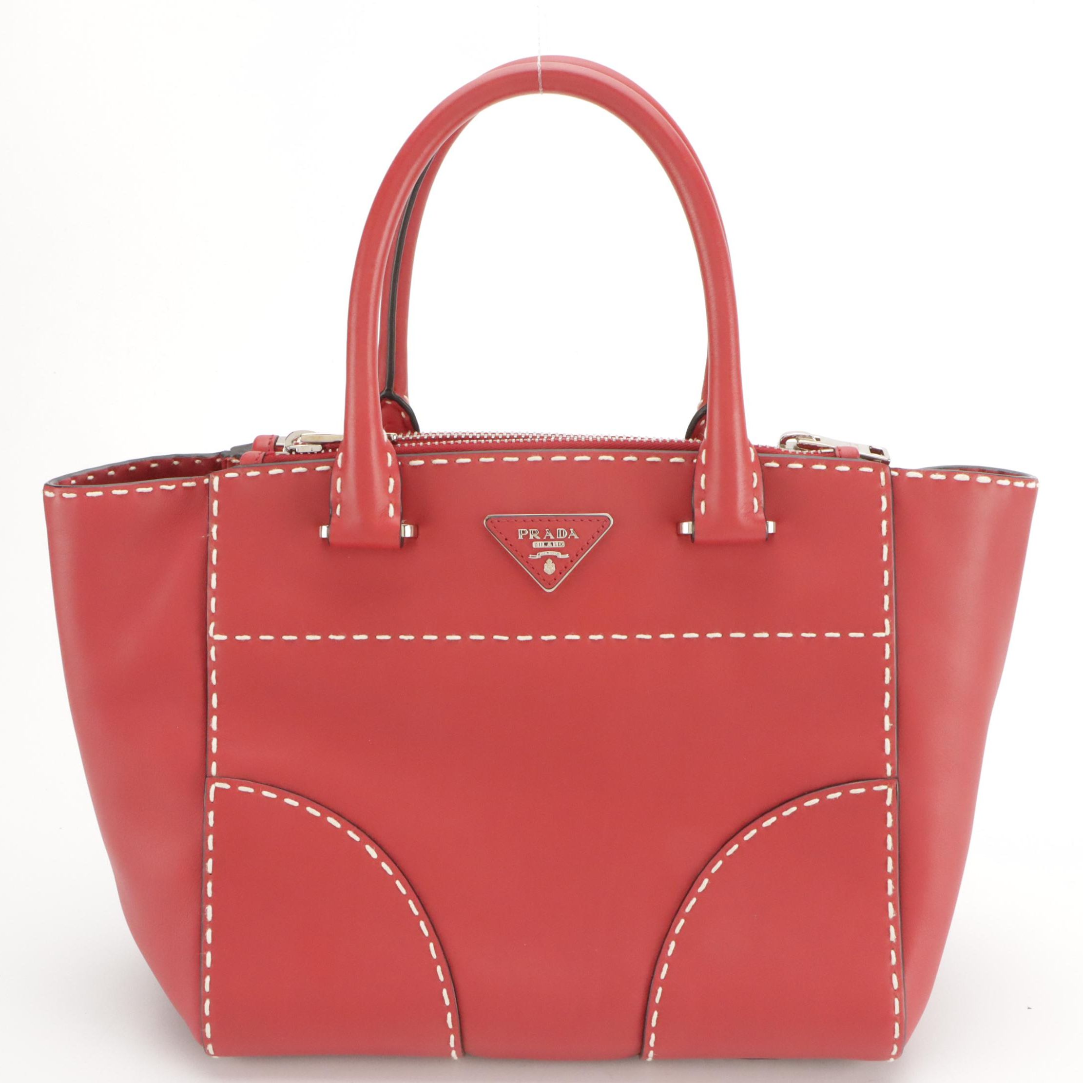 Prada Double Zip Satchel B2861K in Topstitched Fuoco City Calfskin Leather