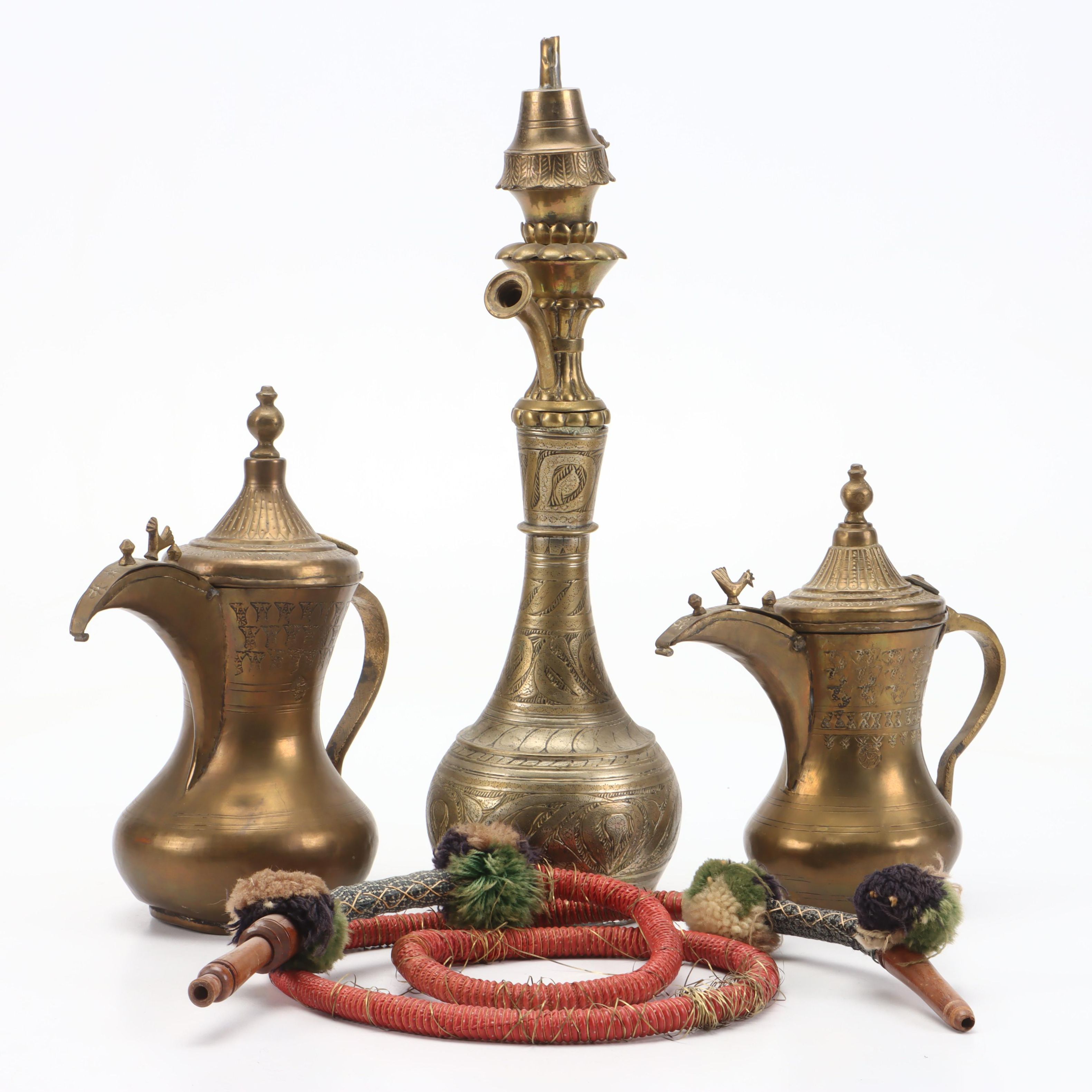 Middle Eastern Style Etched Brass Hookah Pipe and Dallah Coffee Pots