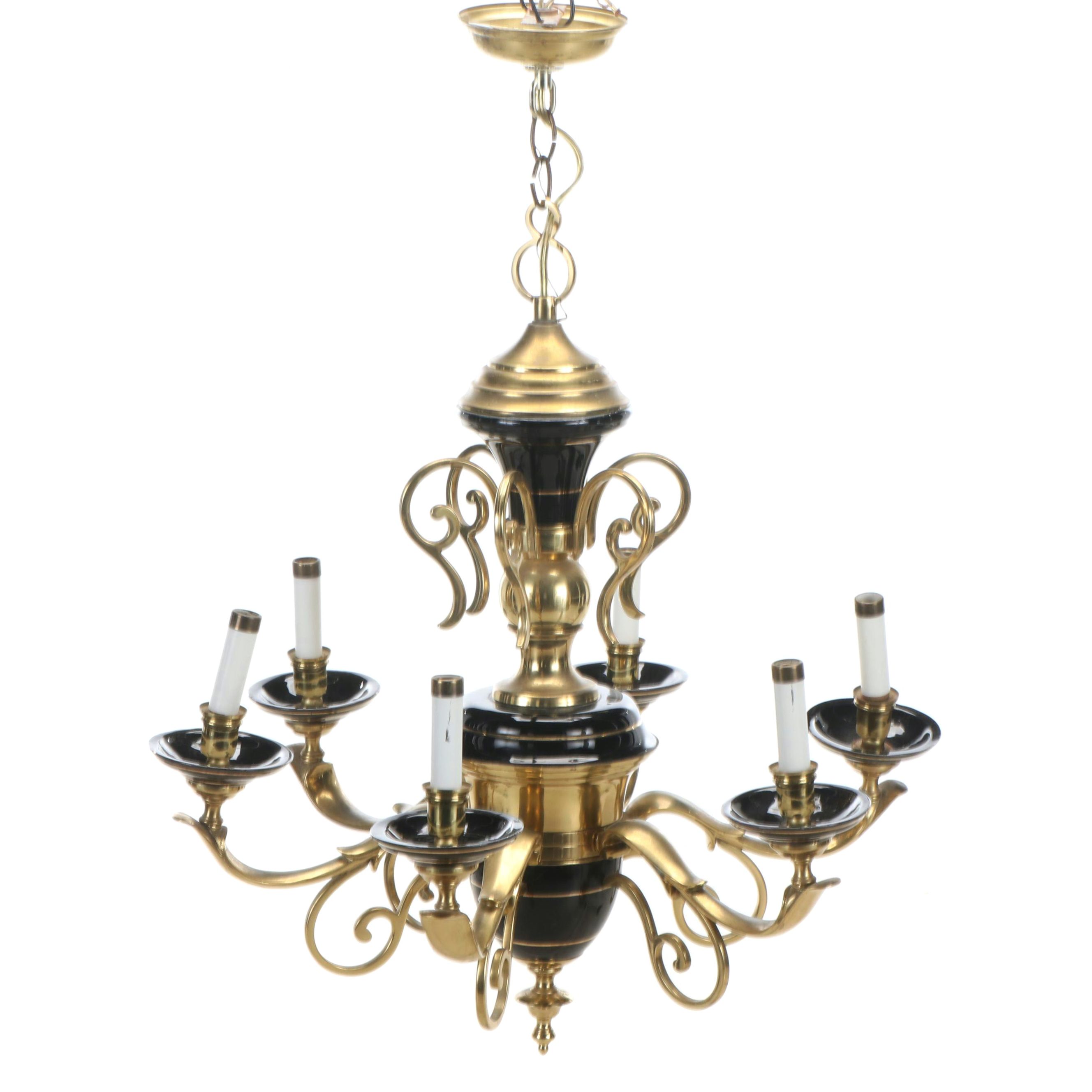 Spanish Satin Gilt with Black Porcelain Six Arm Chandelier, Vintage