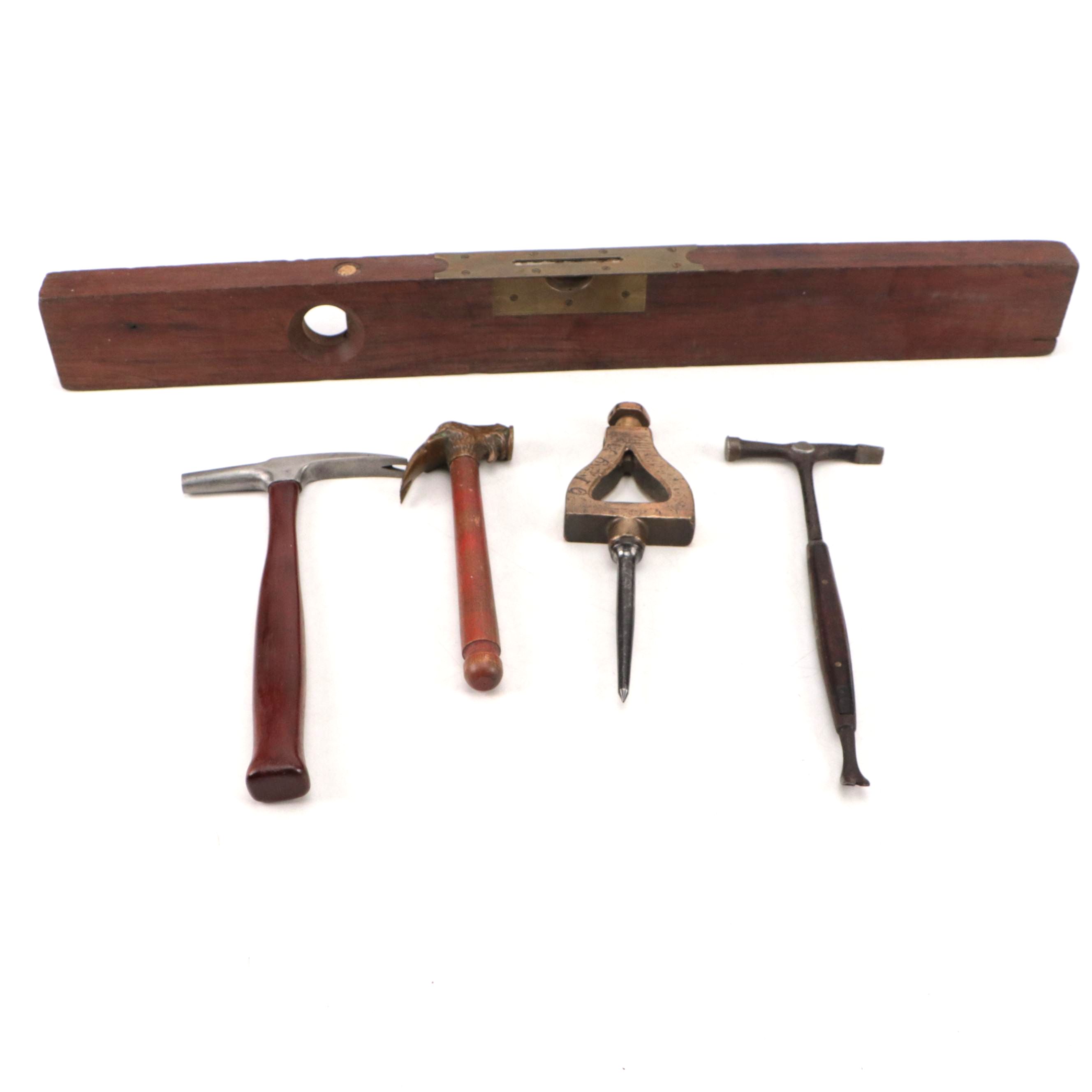 Mitteldorfer Straus Goat Head Hammer with Trammel Point and Stanley Level