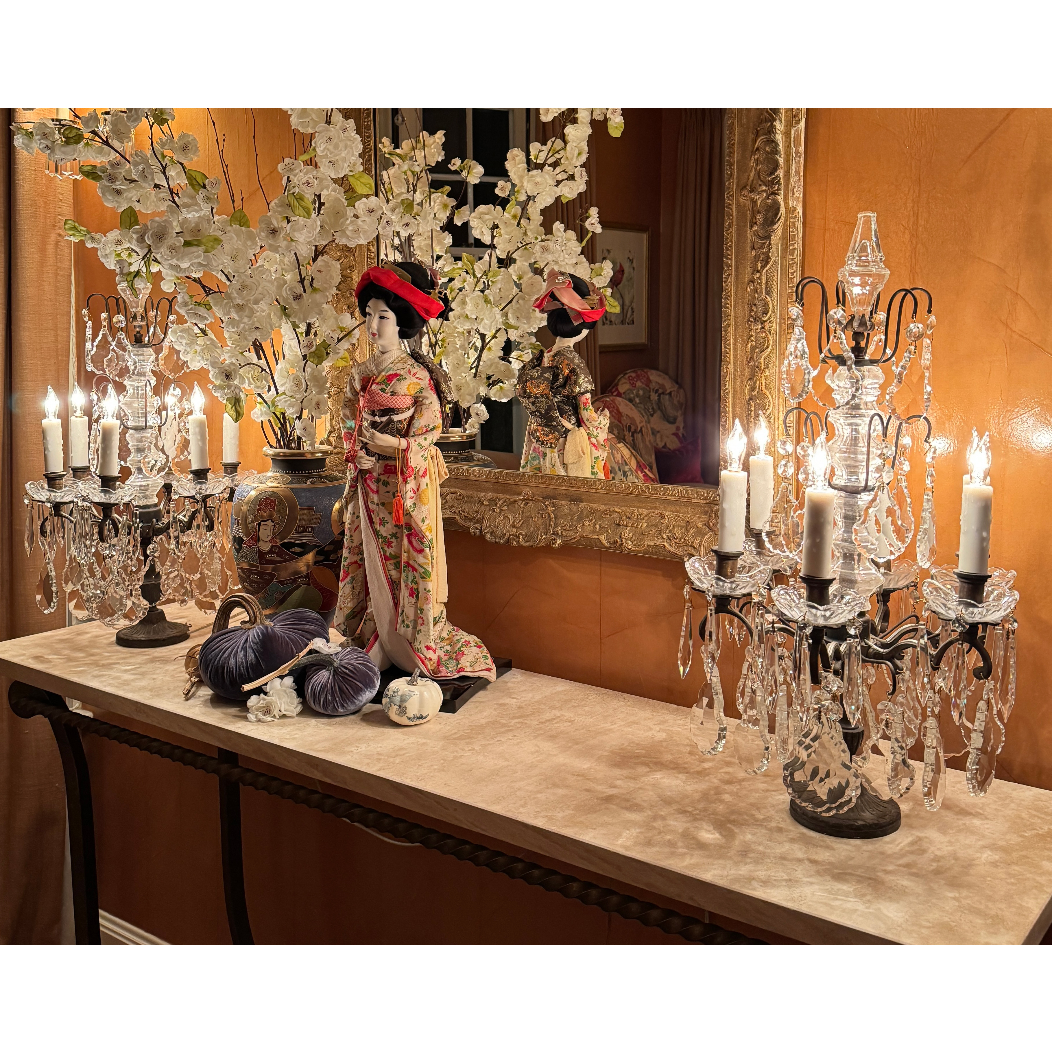 Pair of Antique Six-Arm Crystal Candelabra, Adapted Late 20th Century