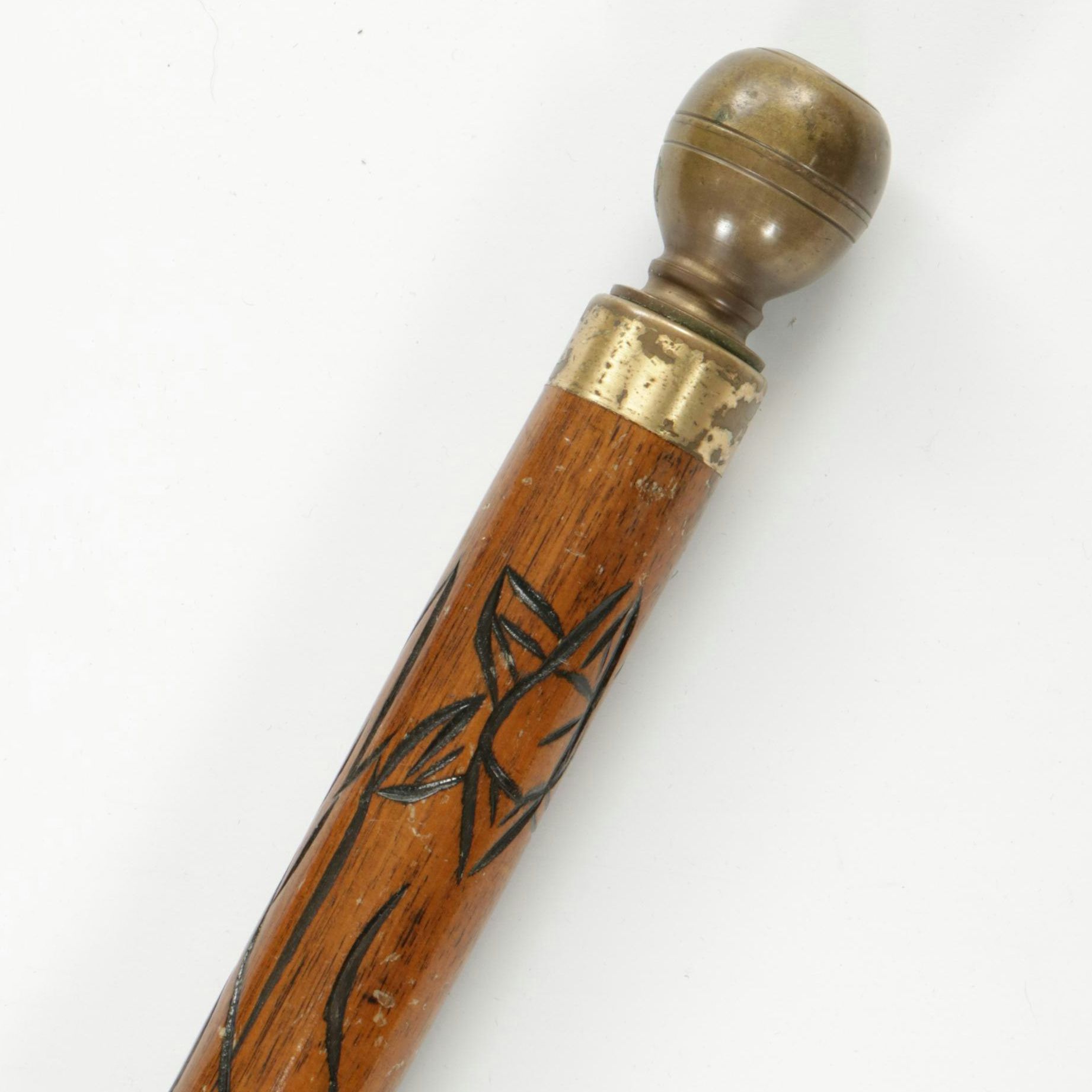 Carved Wood and Brass Wood Walking Stick and Pool Cue with Dragon Design
