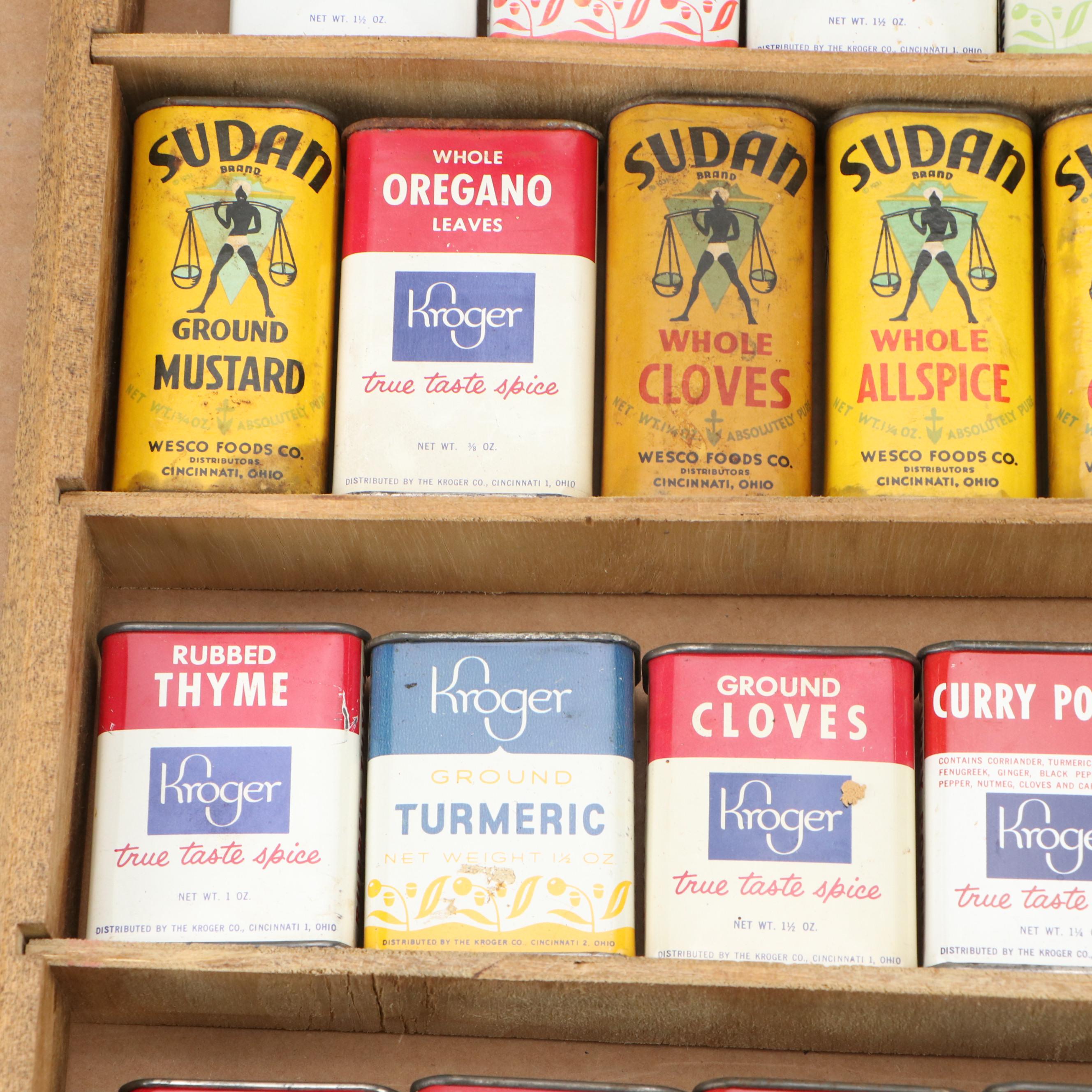 Wooden Wall Shelf with Kroger and Sudan Metal Spice Tins
