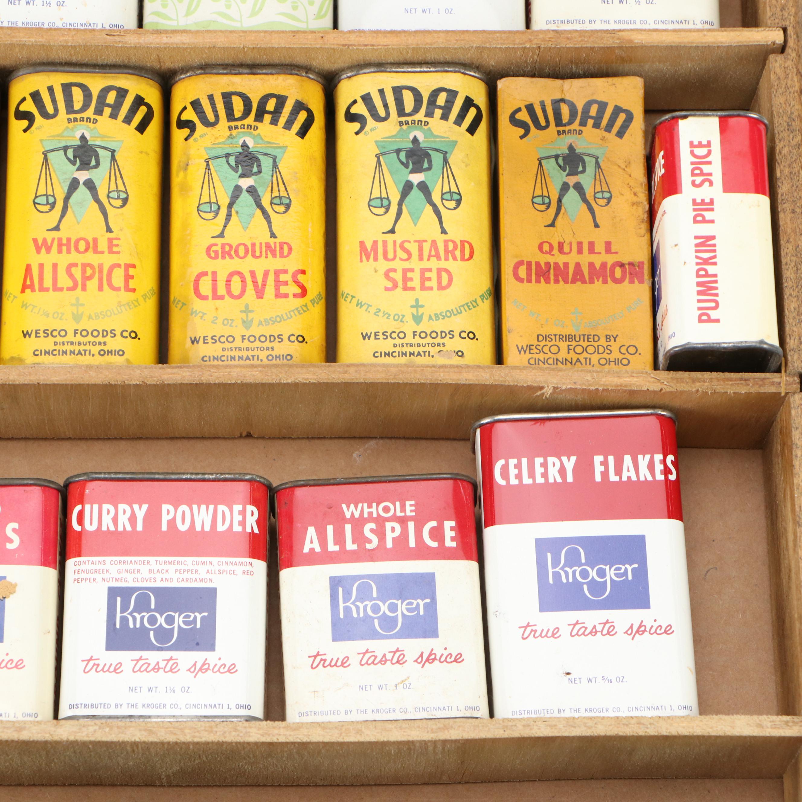 Wooden Wall Shelf with Kroger and Sudan Metal Spice Tins
