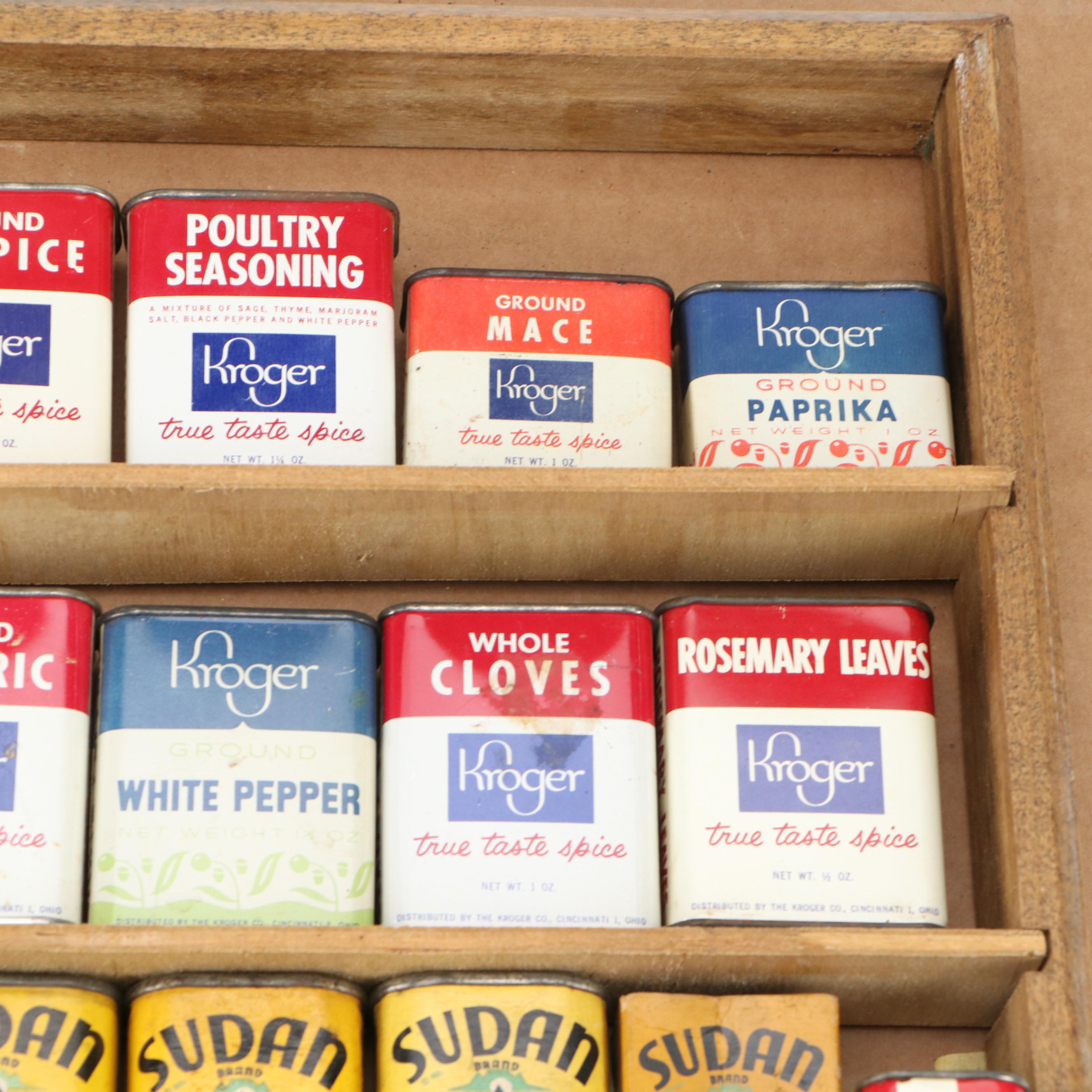 Wooden Wall Shelf with Kroger and Sudan Metal Spice Tins