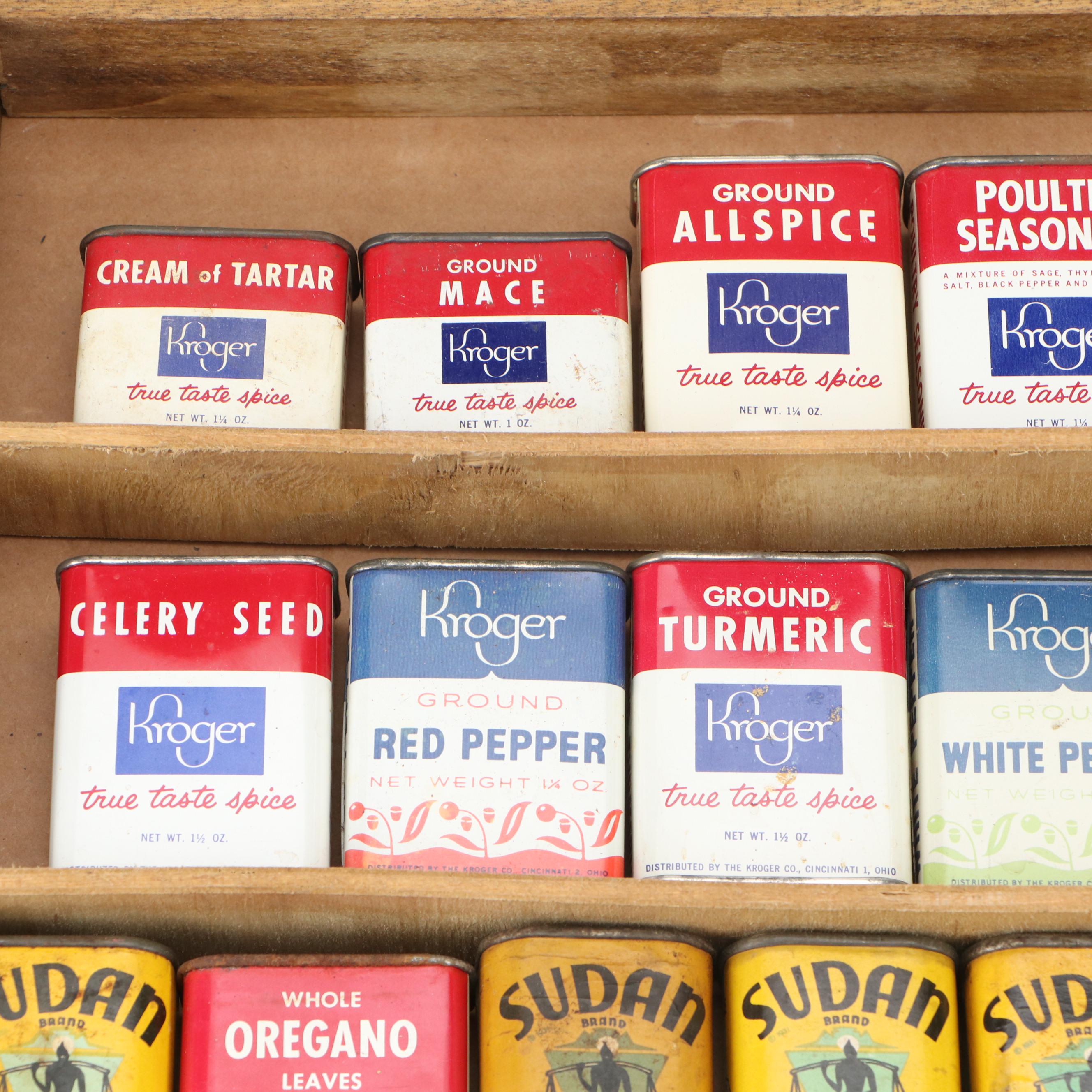 Wooden Wall Shelf with Kroger and Sudan Metal Spice Tins