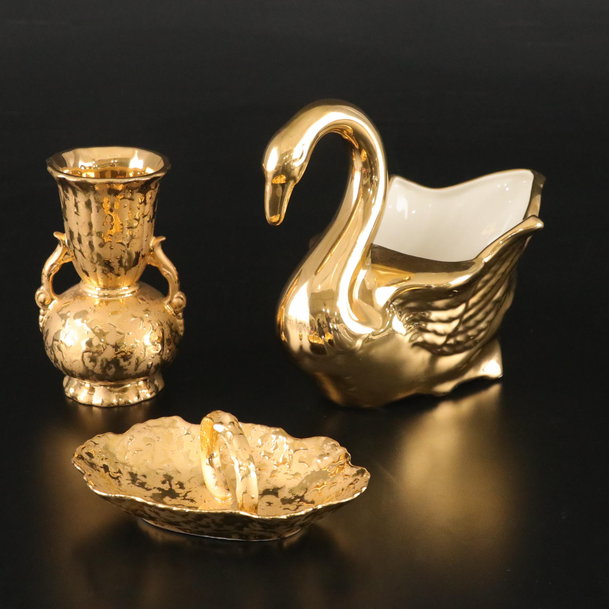 Elynor China 22k Gold Bud Vase & Dish with Swan Bowl