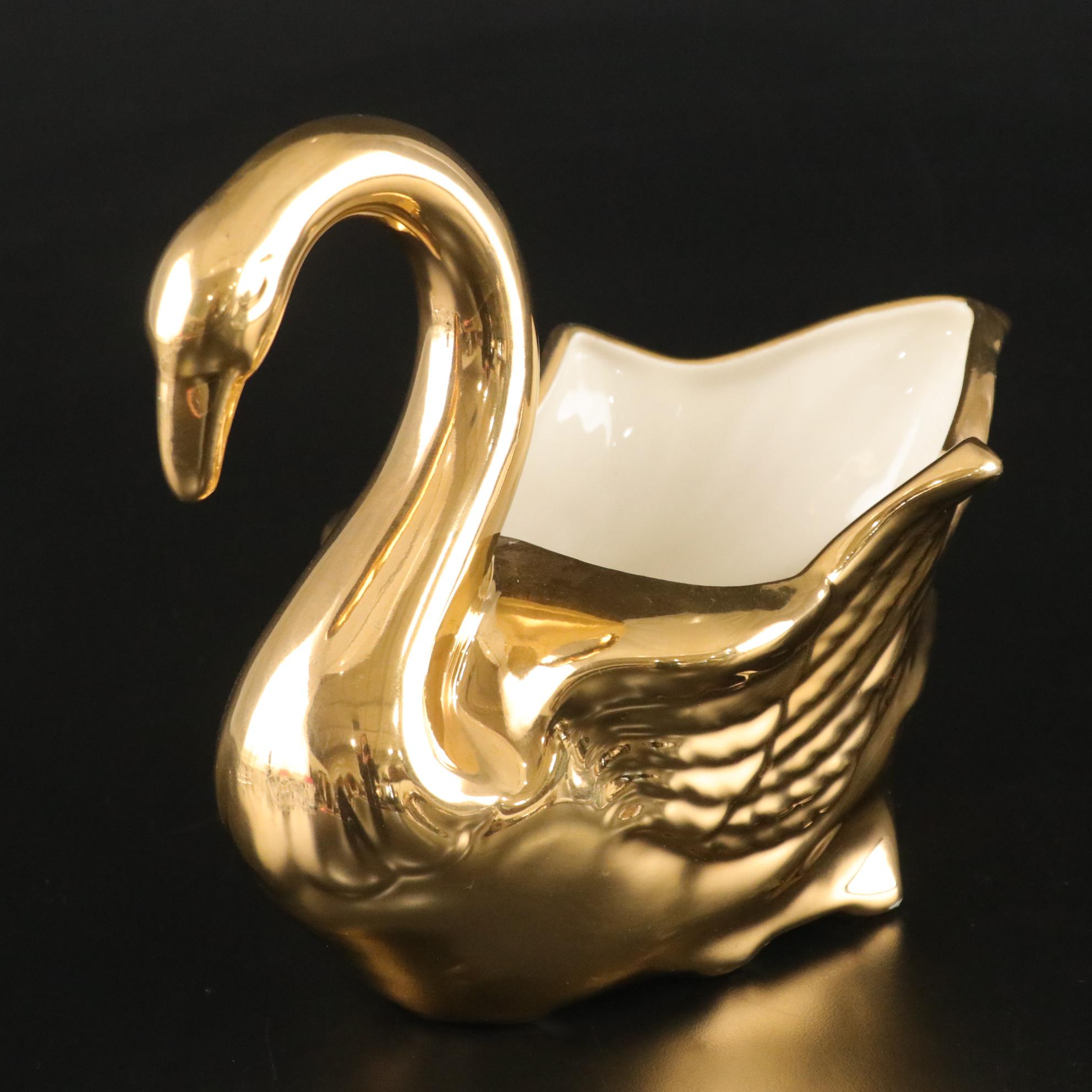 Elynor China 22k Gold Bud Vase & Dish with Swan Bowl