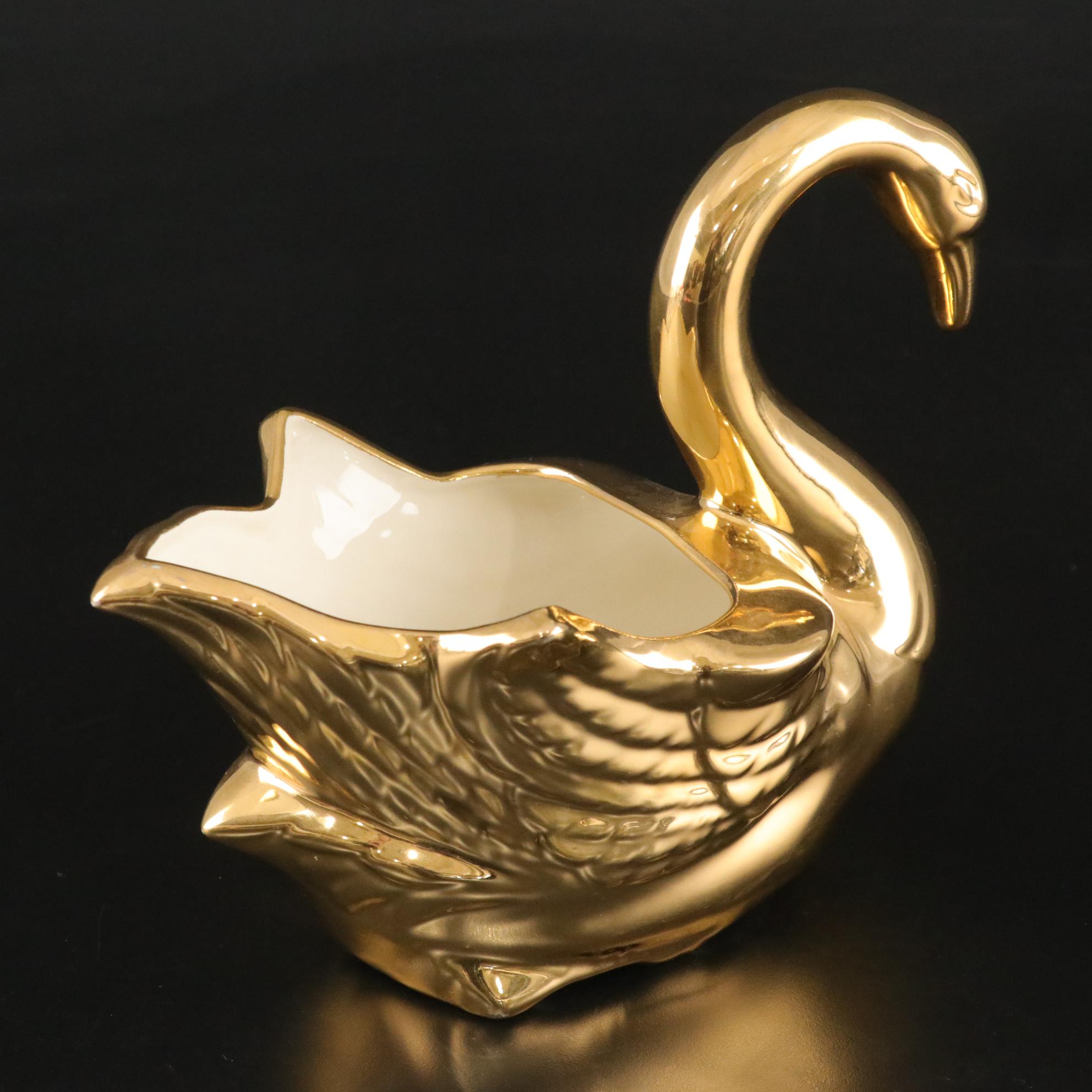 Elynor China 22k Gold Bud Vase & Dish with Swan Bowl