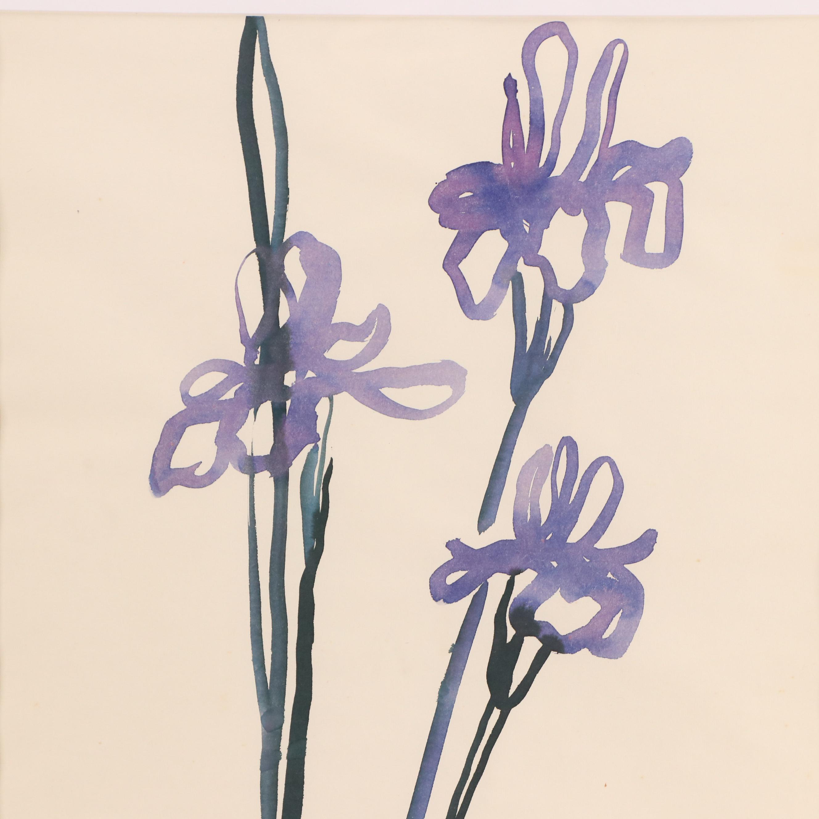 Rhoda Staley Abstract Floral Watercolor Painting of Irises