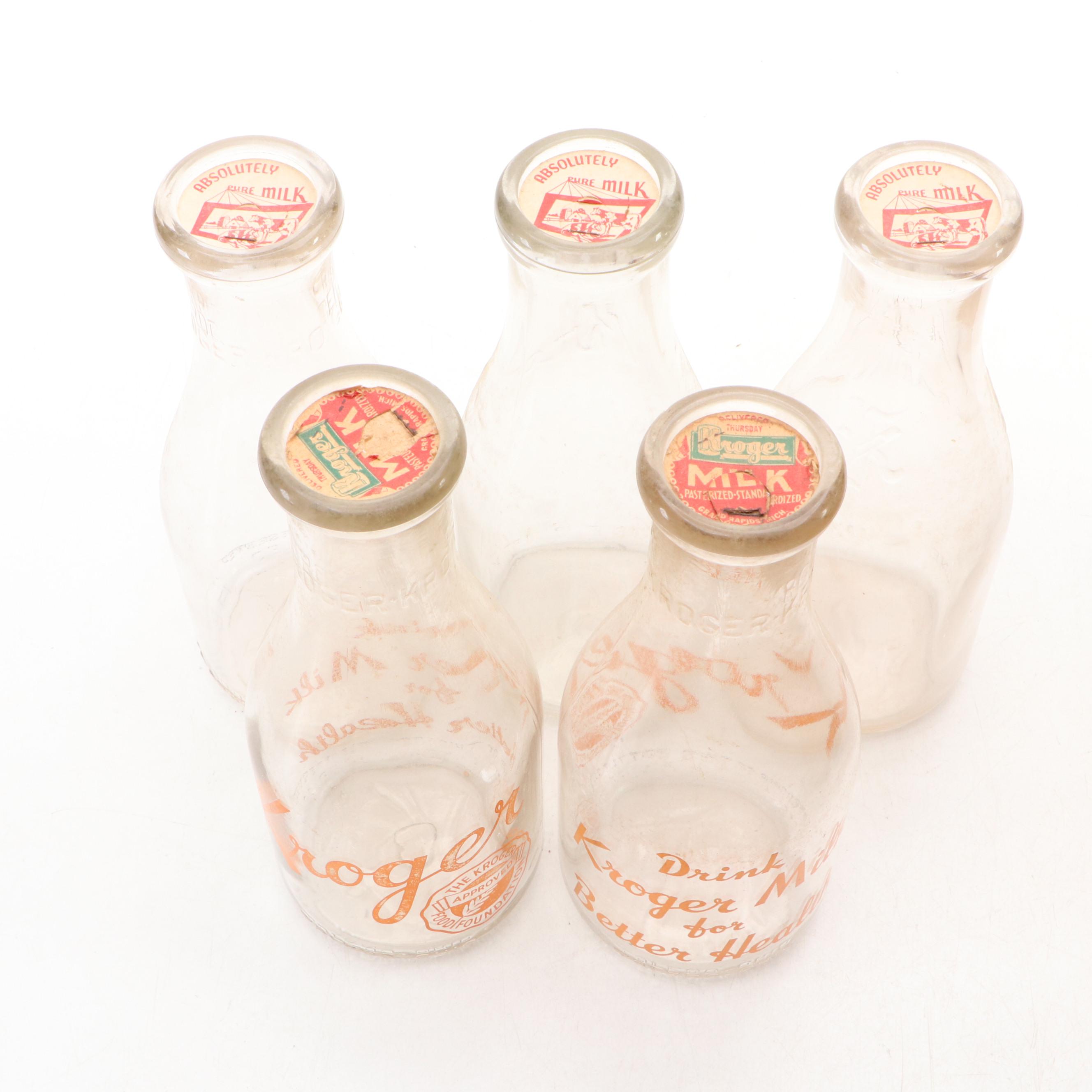 Kroger Wooden Advertising Dairy Crate and Bottles, Mid-20th Century