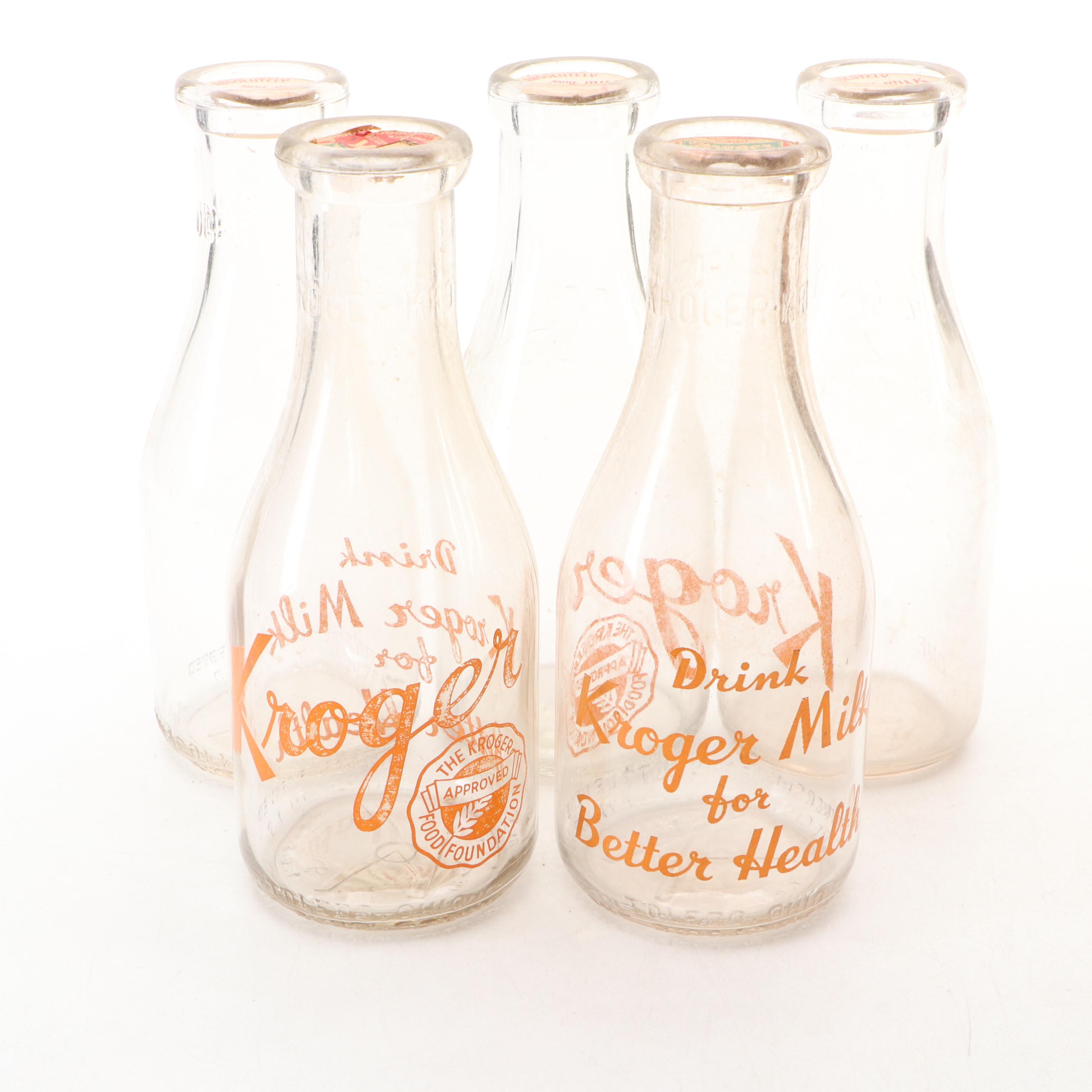 Kroger Wooden Advertising Dairy Crate and Bottles, Mid-20th Century