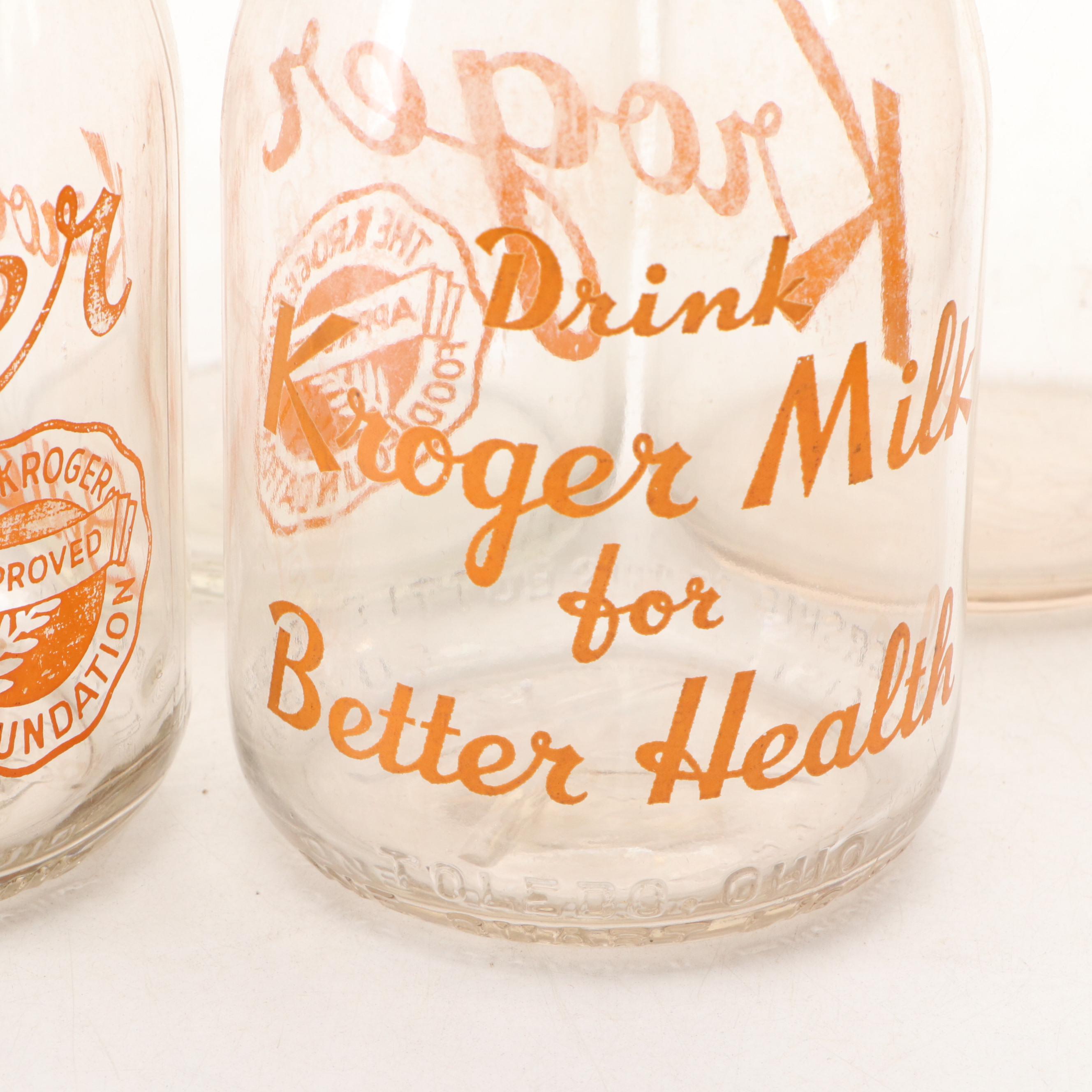 Kroger Wooden Advertising Dairy Crate and Bottles, Mid-20th Century