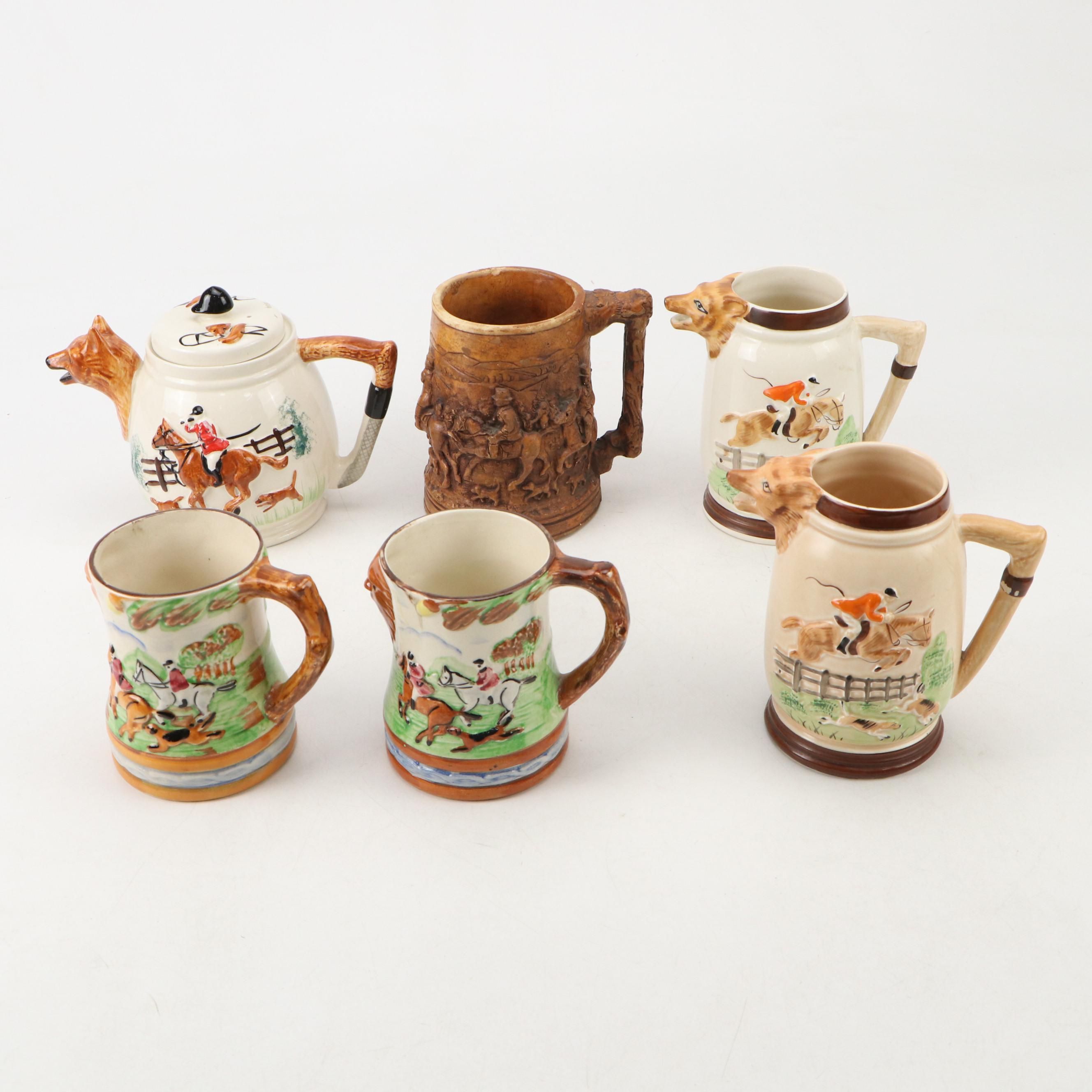 Arthur Wood with Other Hunt Scene Tankards and Teapot, Early to Mid-20th Century