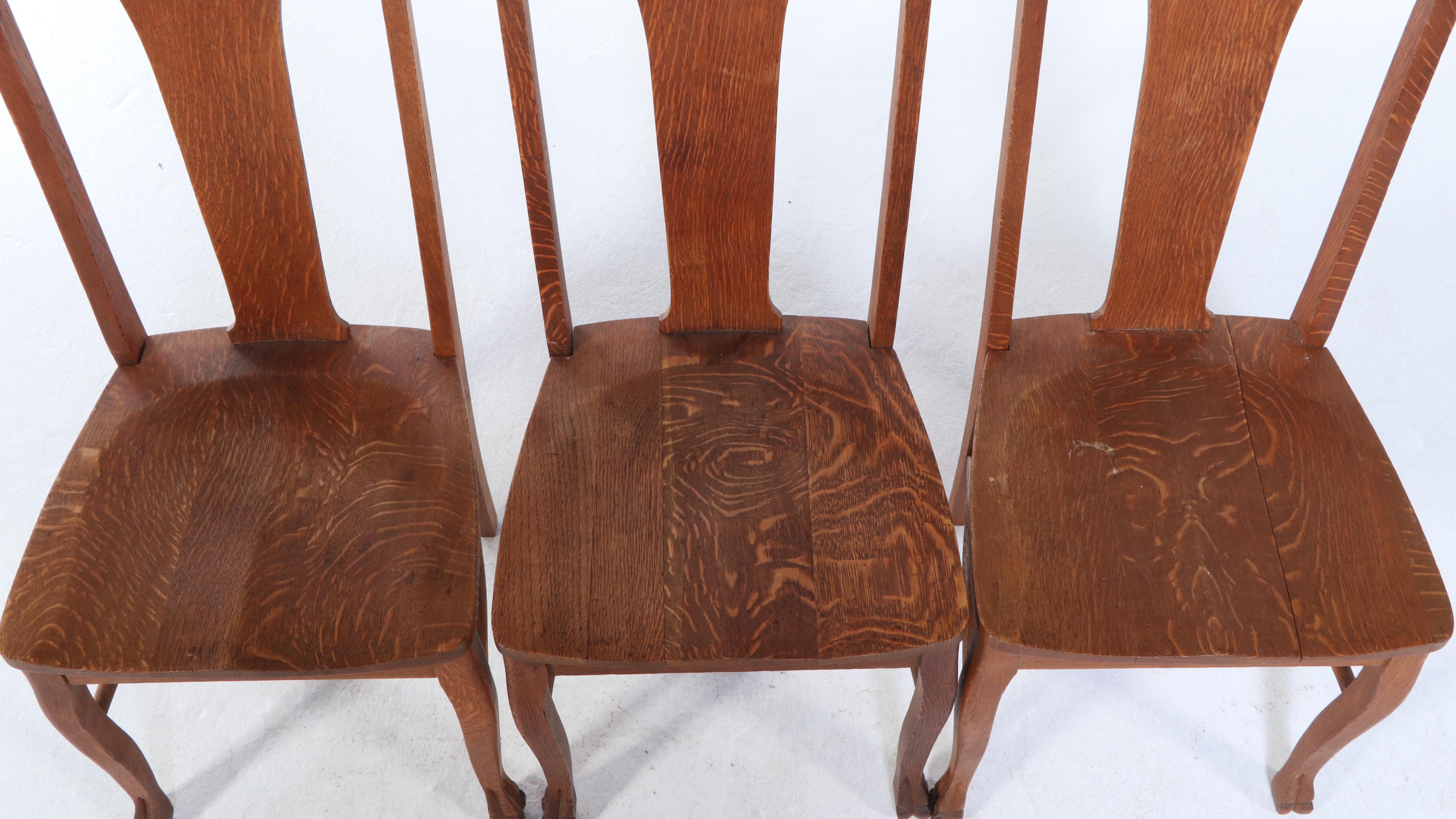 Three Colonial Revival Quartersawn Oak Dining Side Chairs, Early 20th Century