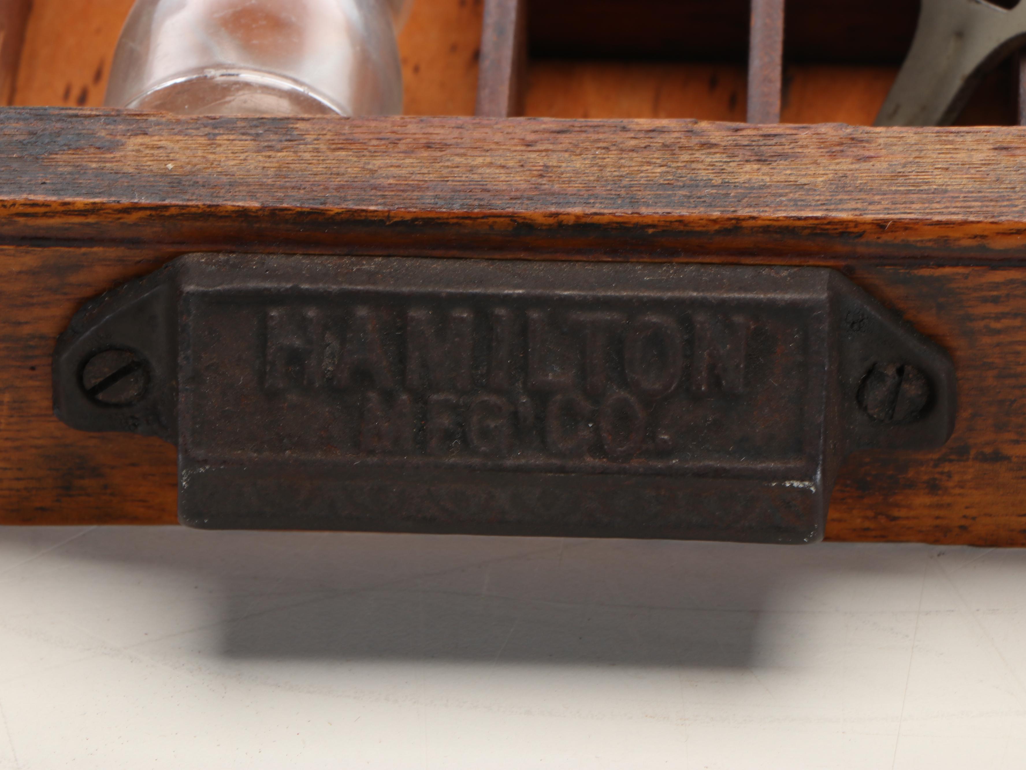 Hamilton Mfg. Co. Oak Typesetting Tray with Figurines and Other Decor