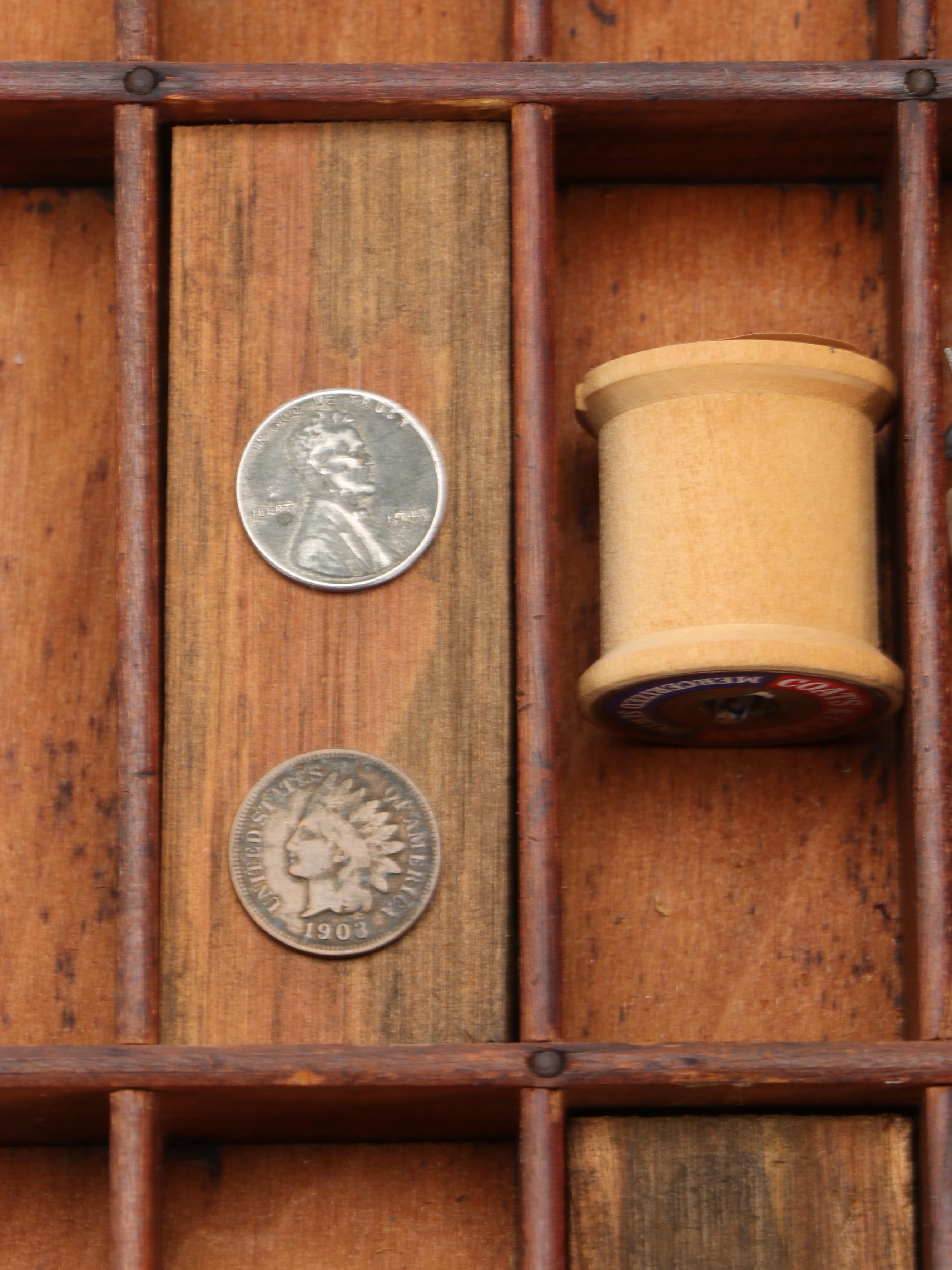 Hamilton Mfg. Co. Oak Typesetting Tray with Figurines and Other Decor