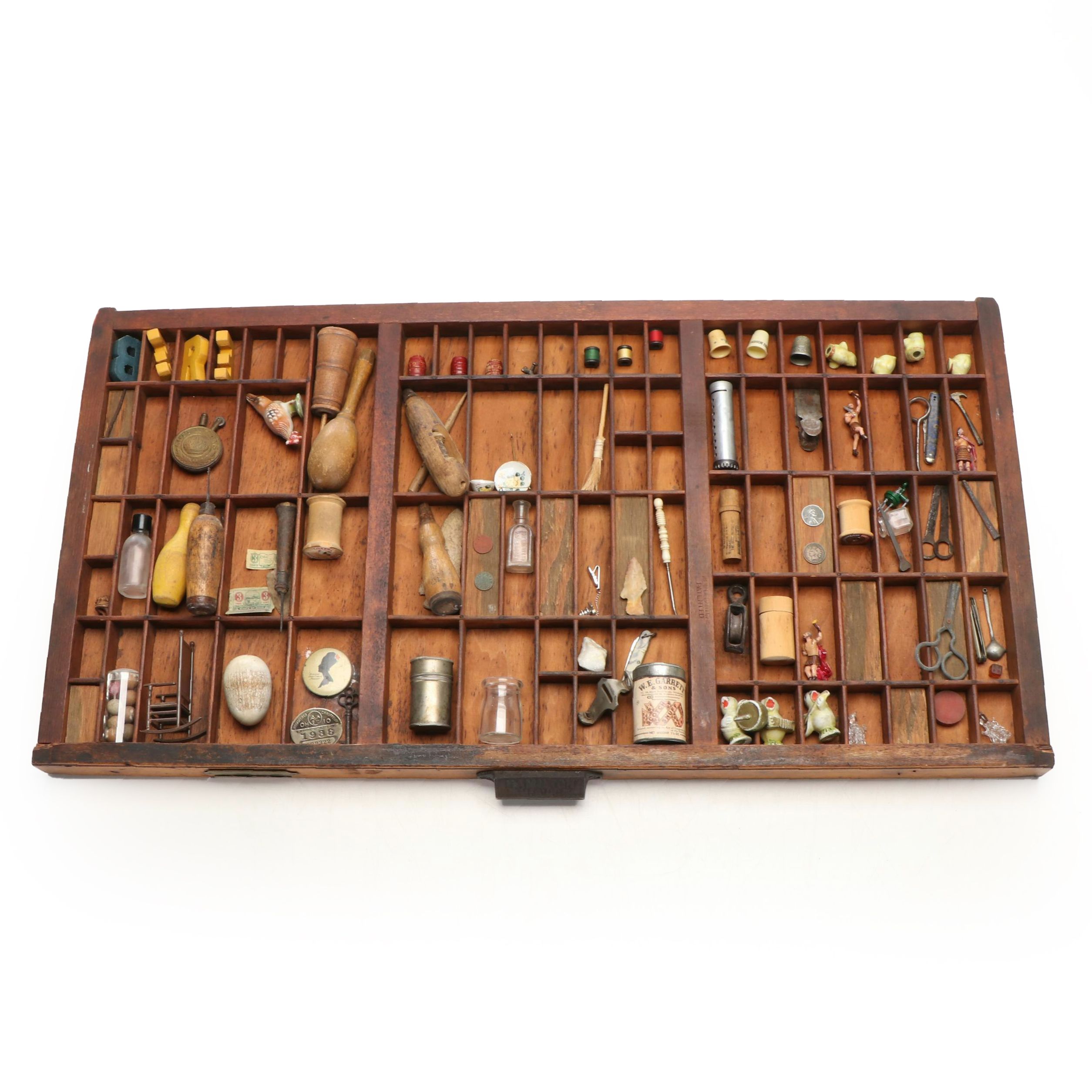 Hamilton Mfg. Co. Oak Typesetting Tray with Figurines and Other Decor