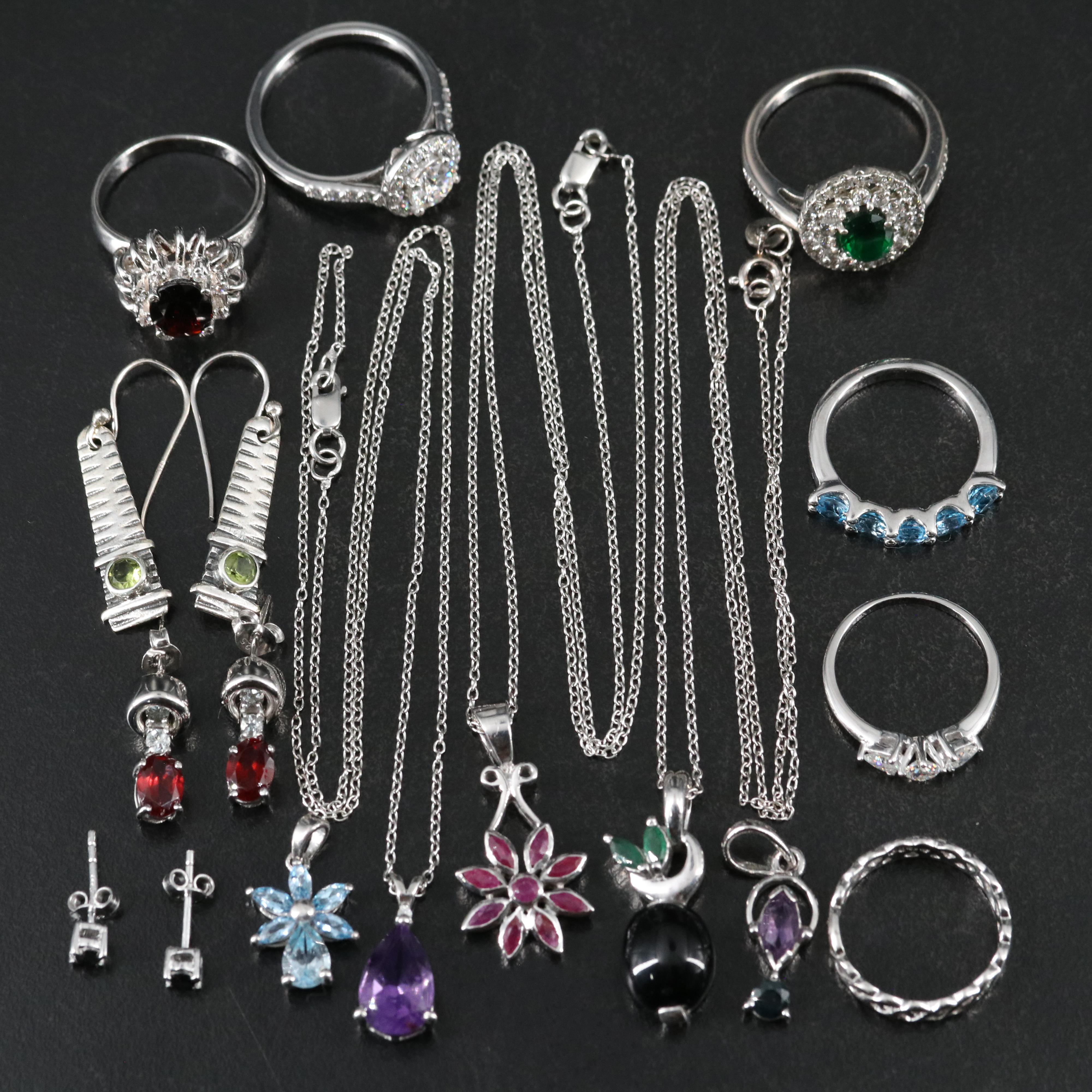 14 Assorted Sterling Silver Rings, Necklaces, Earrings, and Pendants