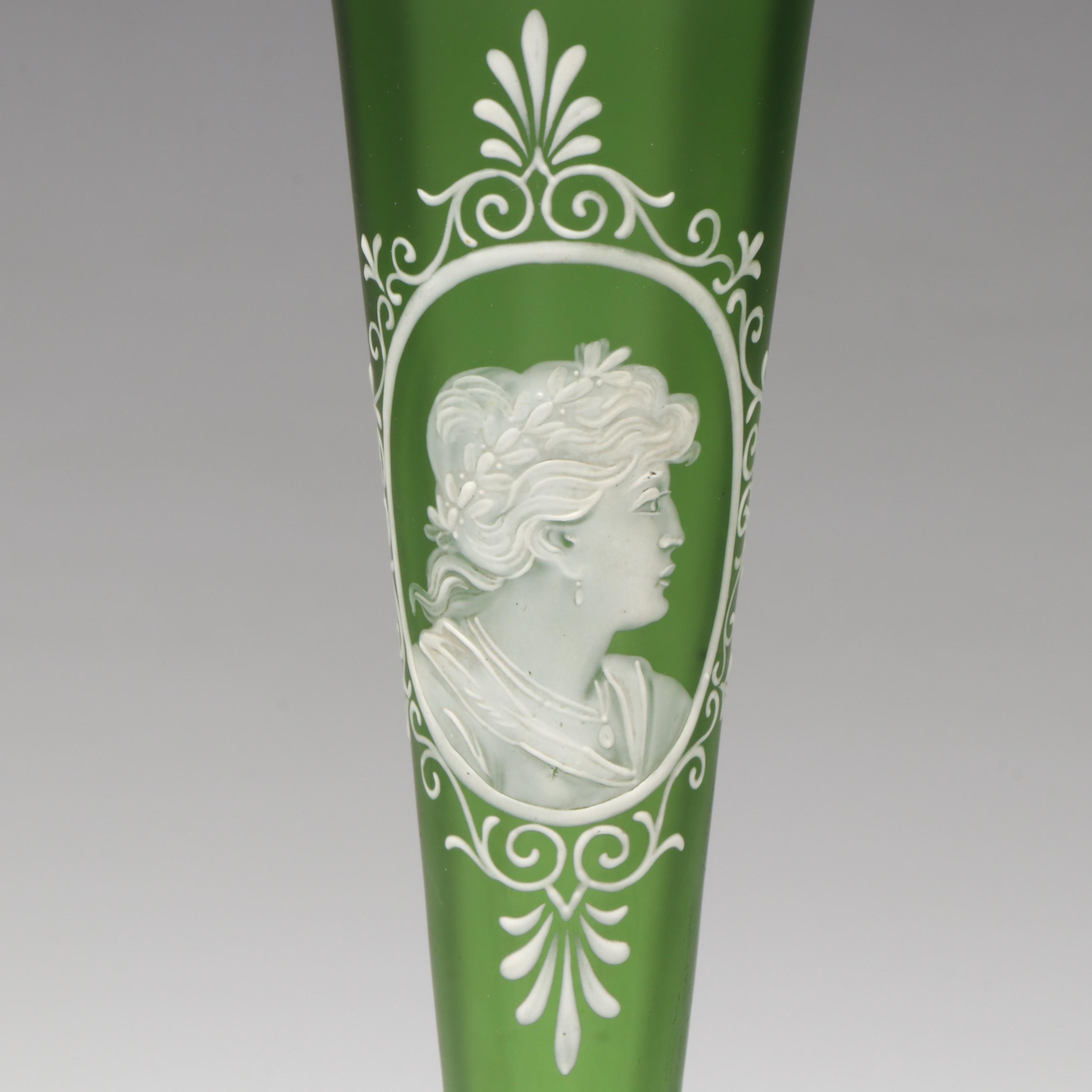 Victorian Green Glass Mary Gregory Style Portrait Vase, Late 19th/ Early 20th C.