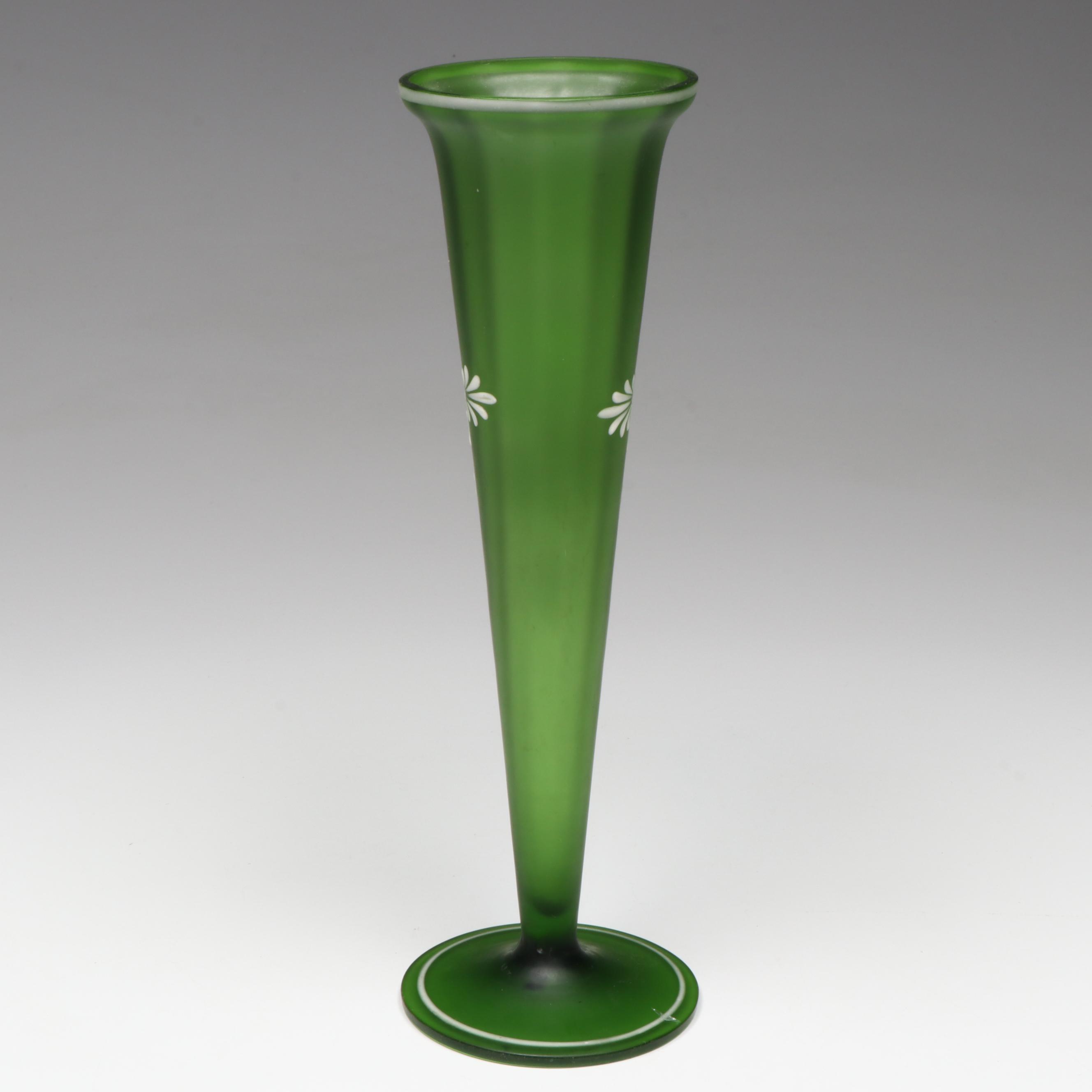 Victorian Green Glass Mary Gregory Style Portrait Vase, Late 19th/ Early 20th C.