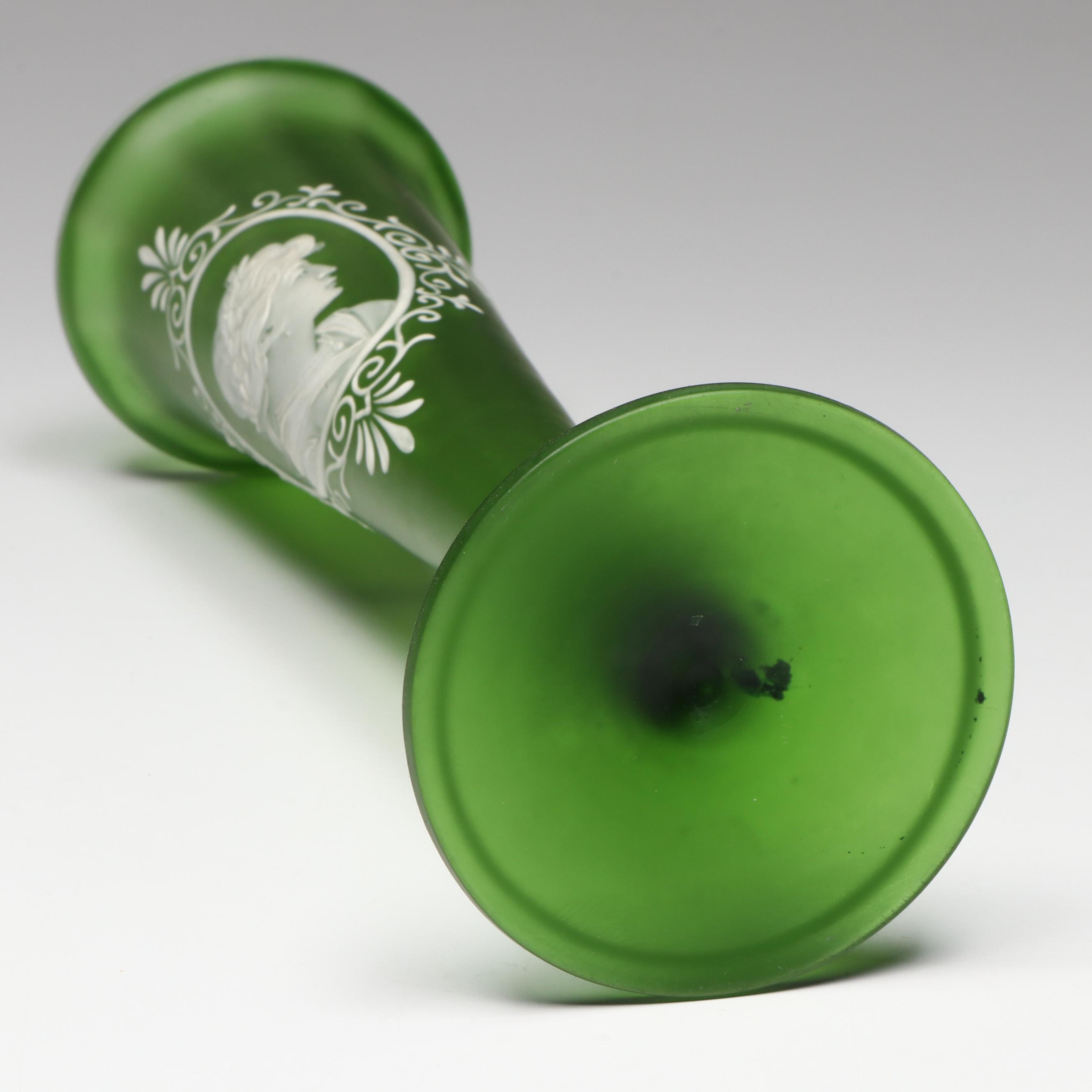 Victorian Green Glass Mary Gregory Style Portrait Vase, Late 19th/ Early 20th C.