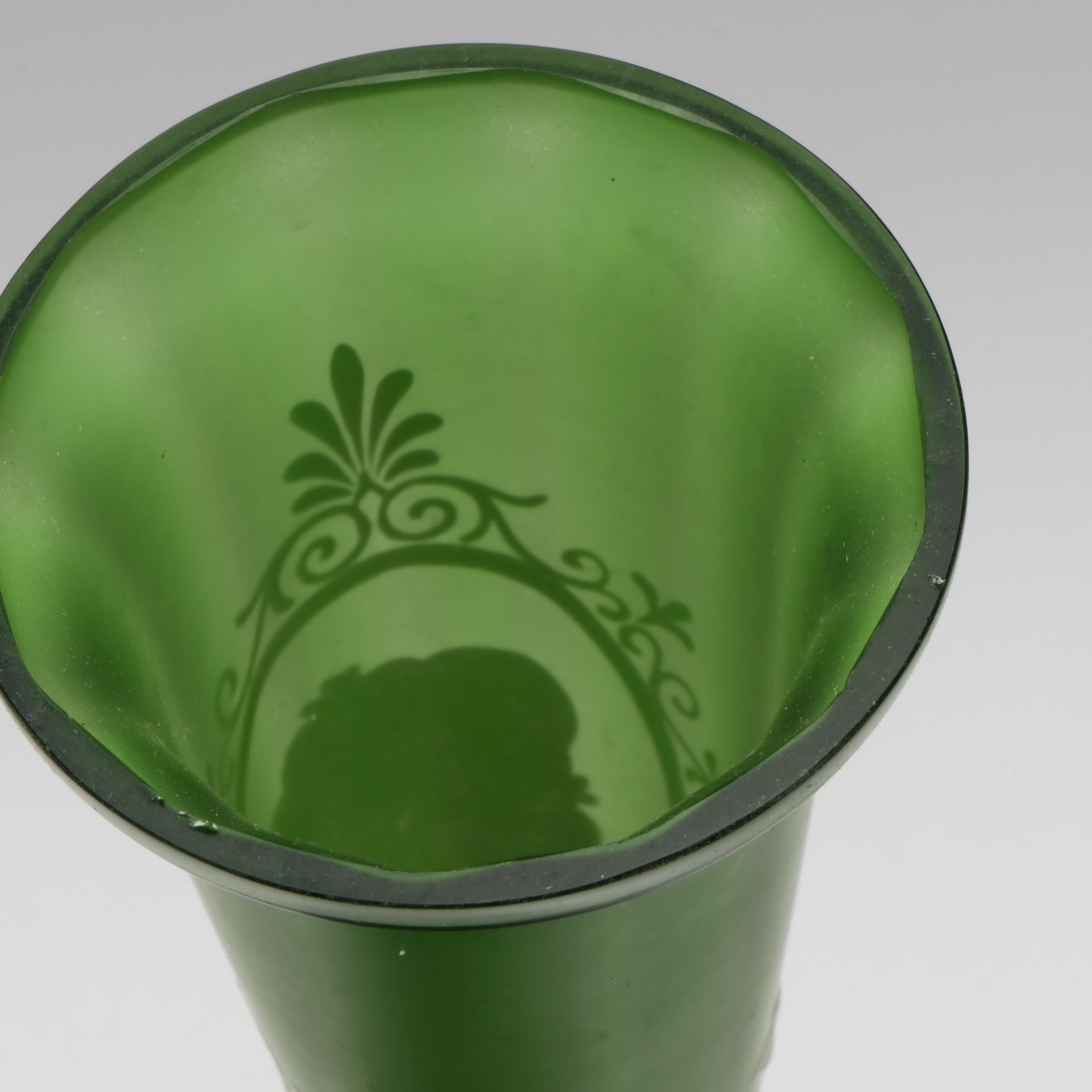 Victorian Green Glass Mary Gregory Style Portrait Vase, Late 19th/ Early 20th C.