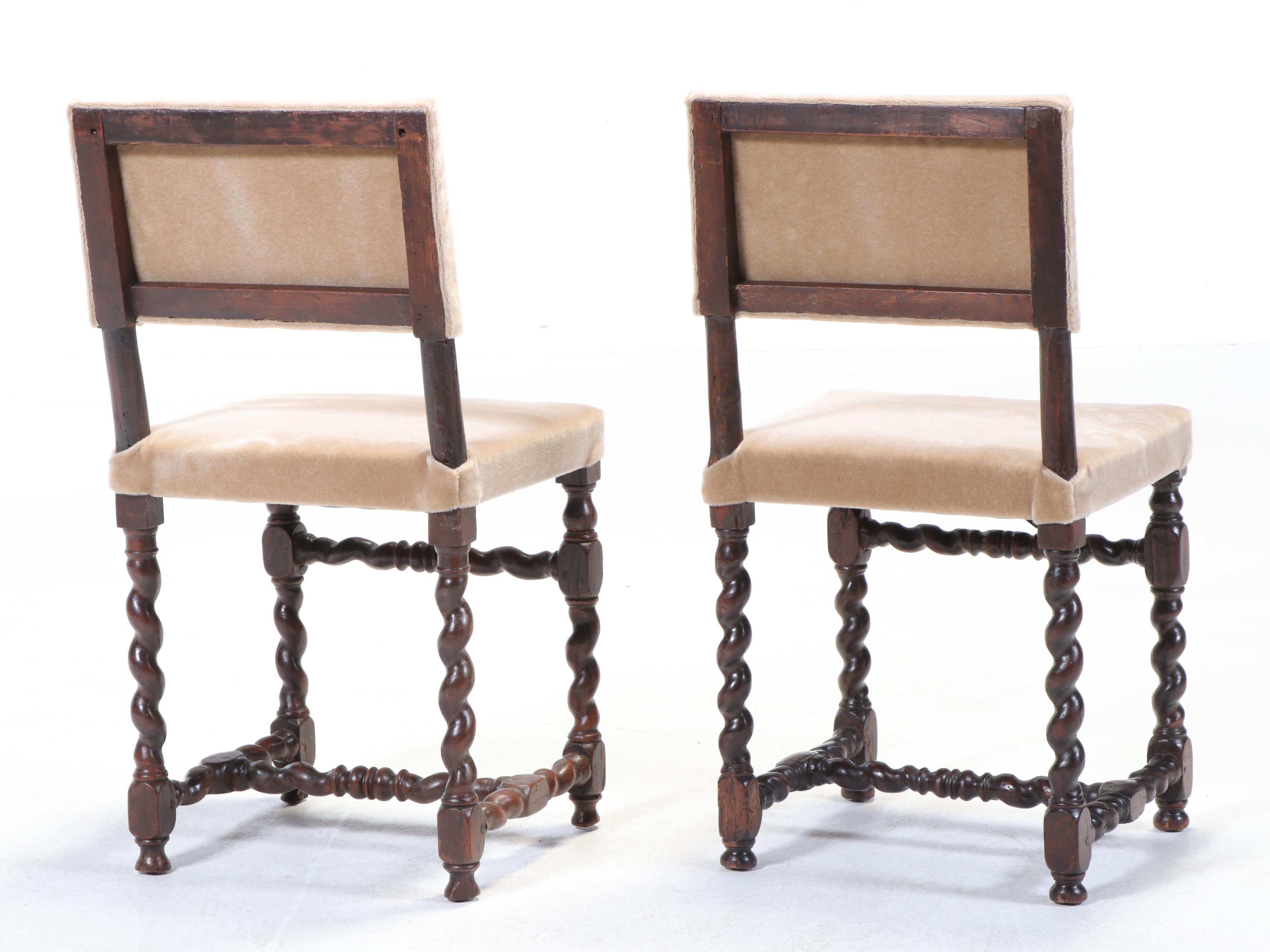 Pair Carved Oak "Barley Twist" Side Chairs, Late 17th/Early 18th Century