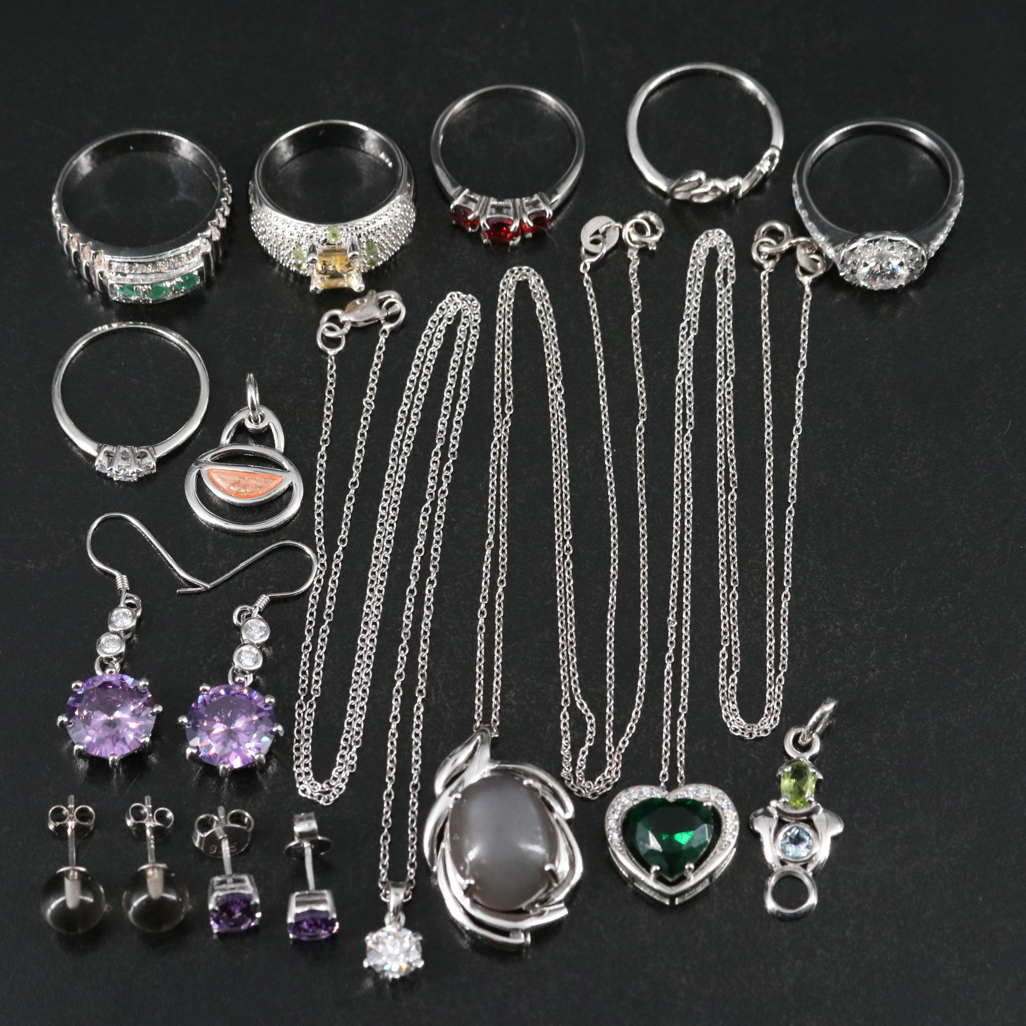 14 Assorted Sterling Silver Rings, Necklaces, Earrings, and Pendants
