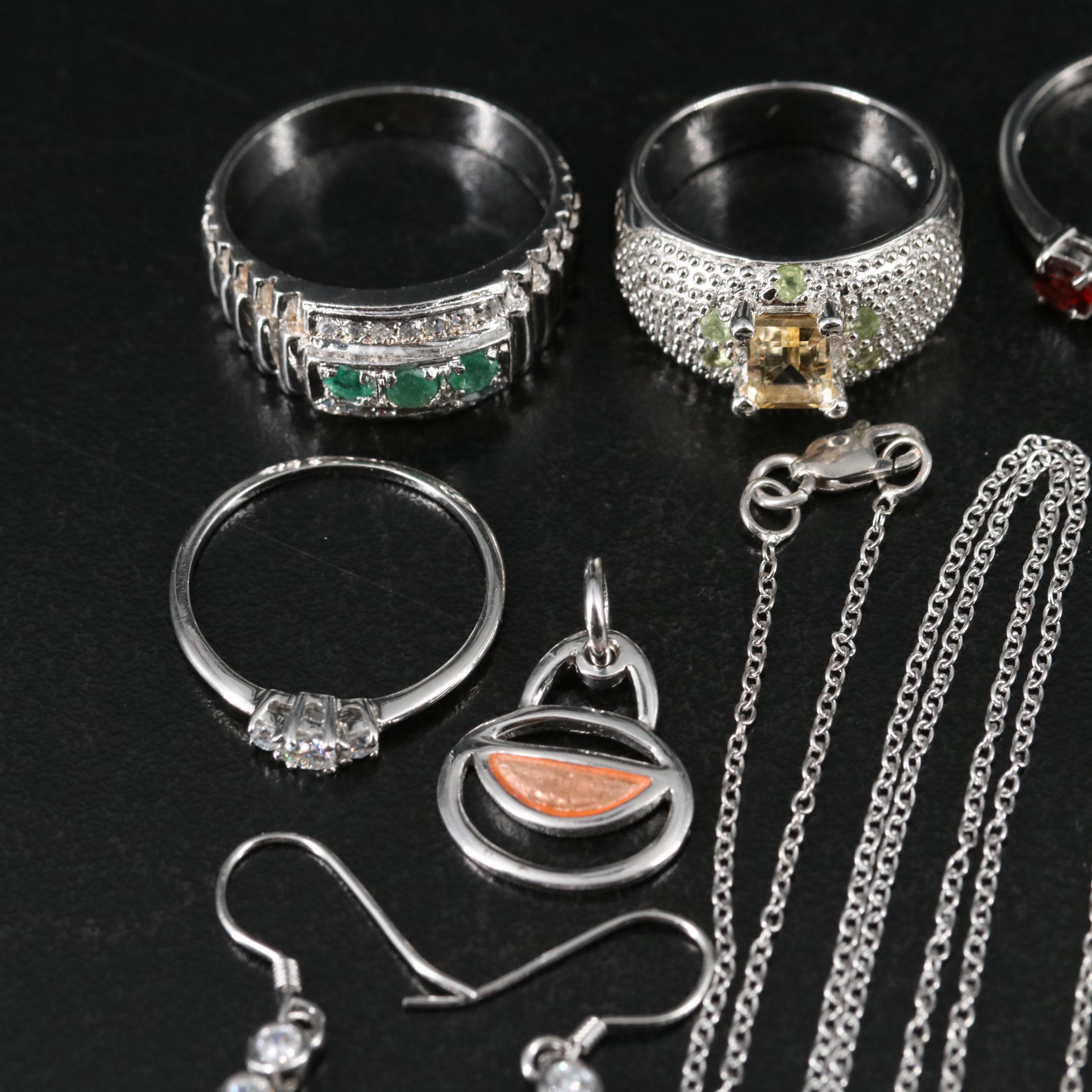 14 Assorted Sterling Silver Rings, Necklaces, Earrings, and Pendants