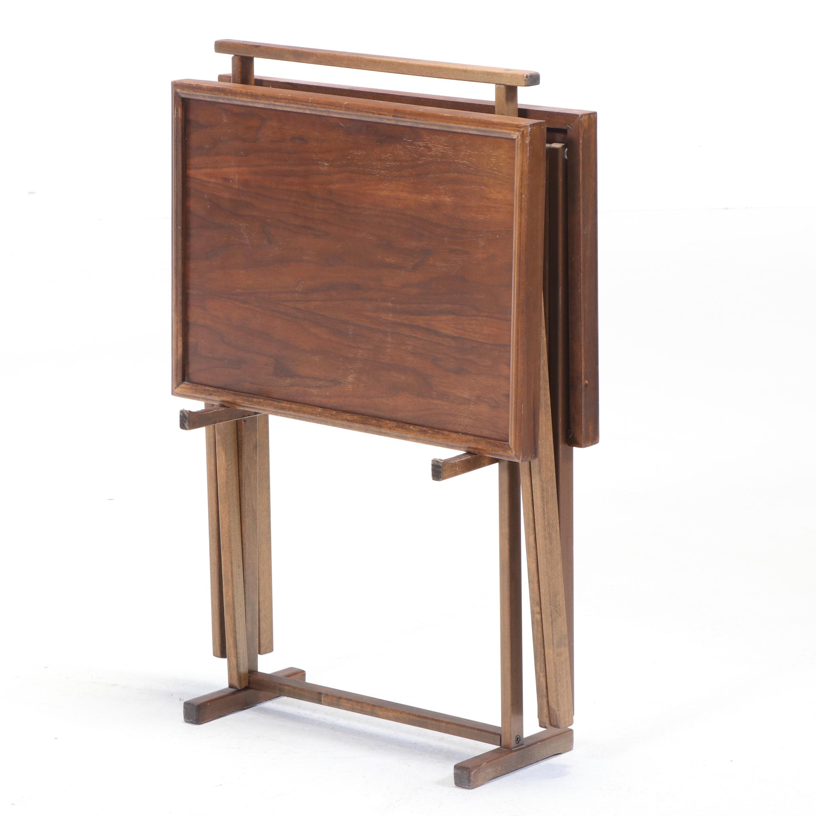 Pair of Mid Century Modern Walnut TV Tray Tables with Stand