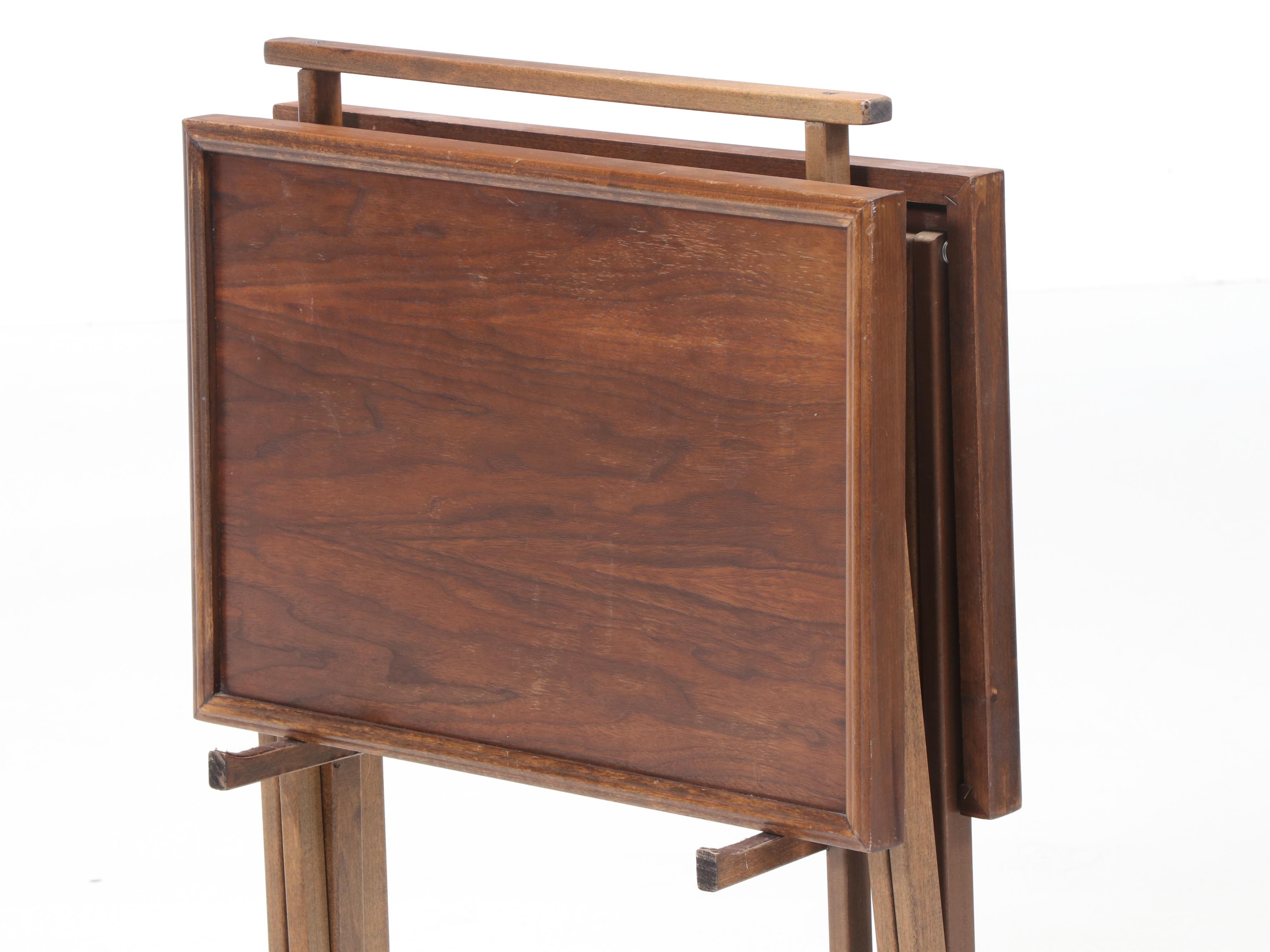 Pair of Mid Century Modern Walnut TV Tray Tables with Stand