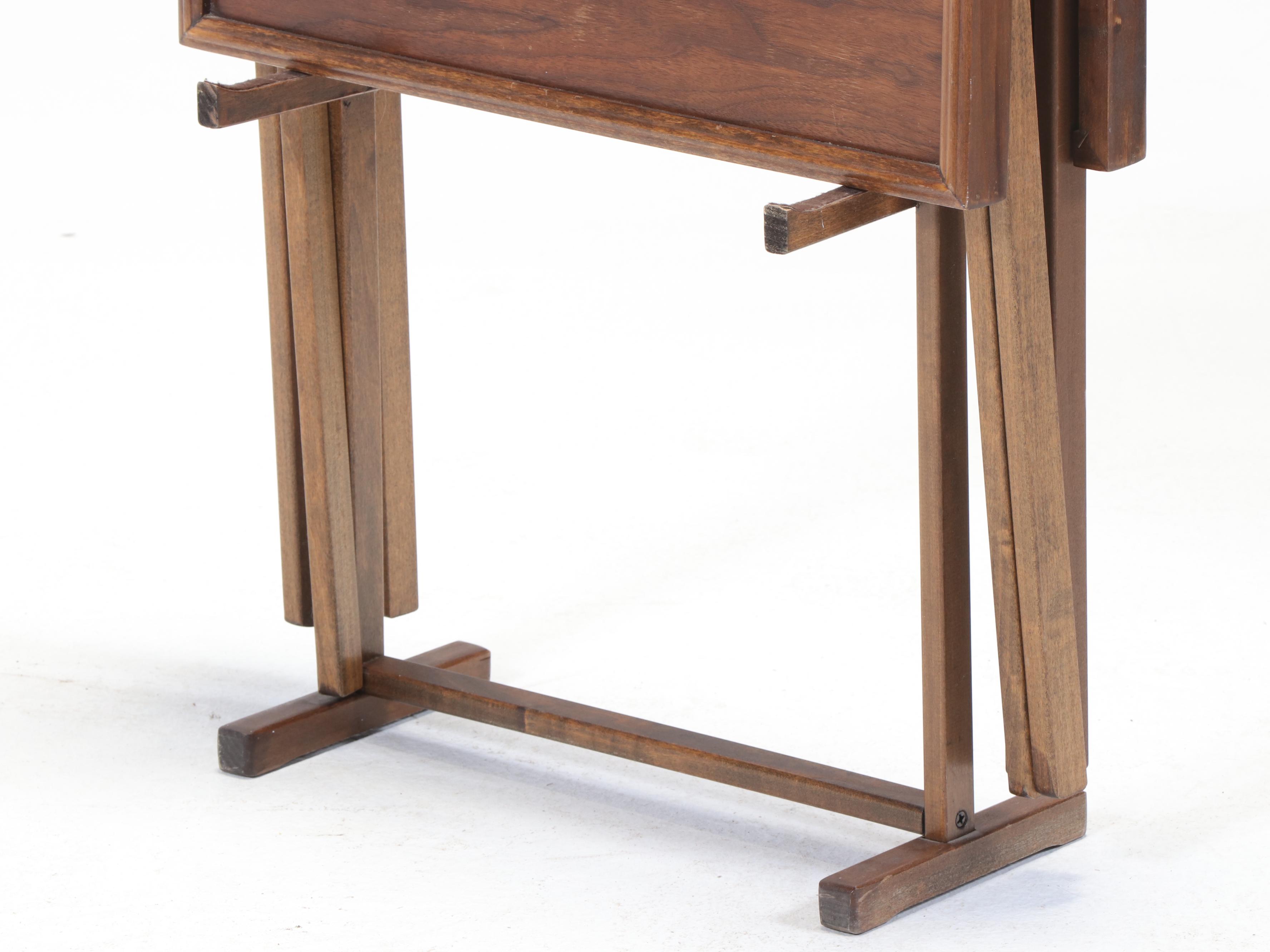 Pair of Mid Century Modern Walnut TV Tray Tables with Stand