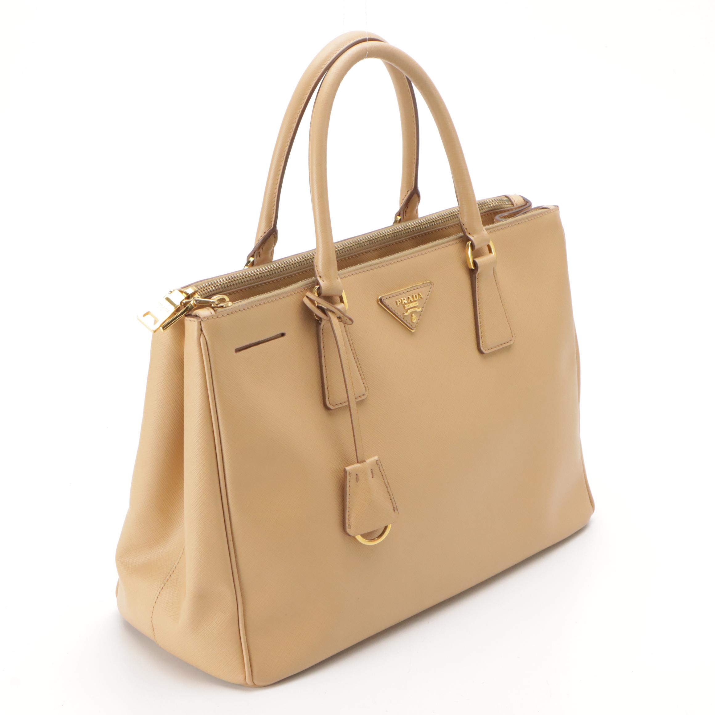 Prada Double Zip Medium Tote Bag in Neutral Saffiano Lux Leather