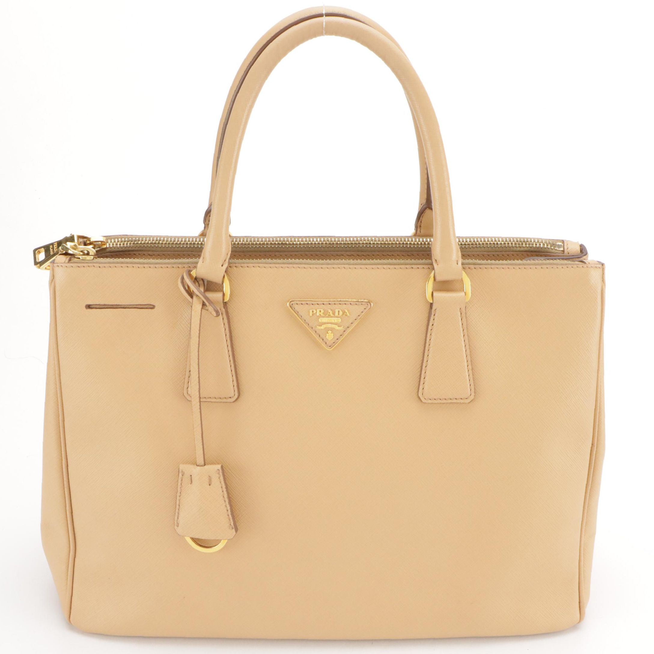Prada Double Zip Medium Tote Bag in Neutral Saffiano Lux Leather