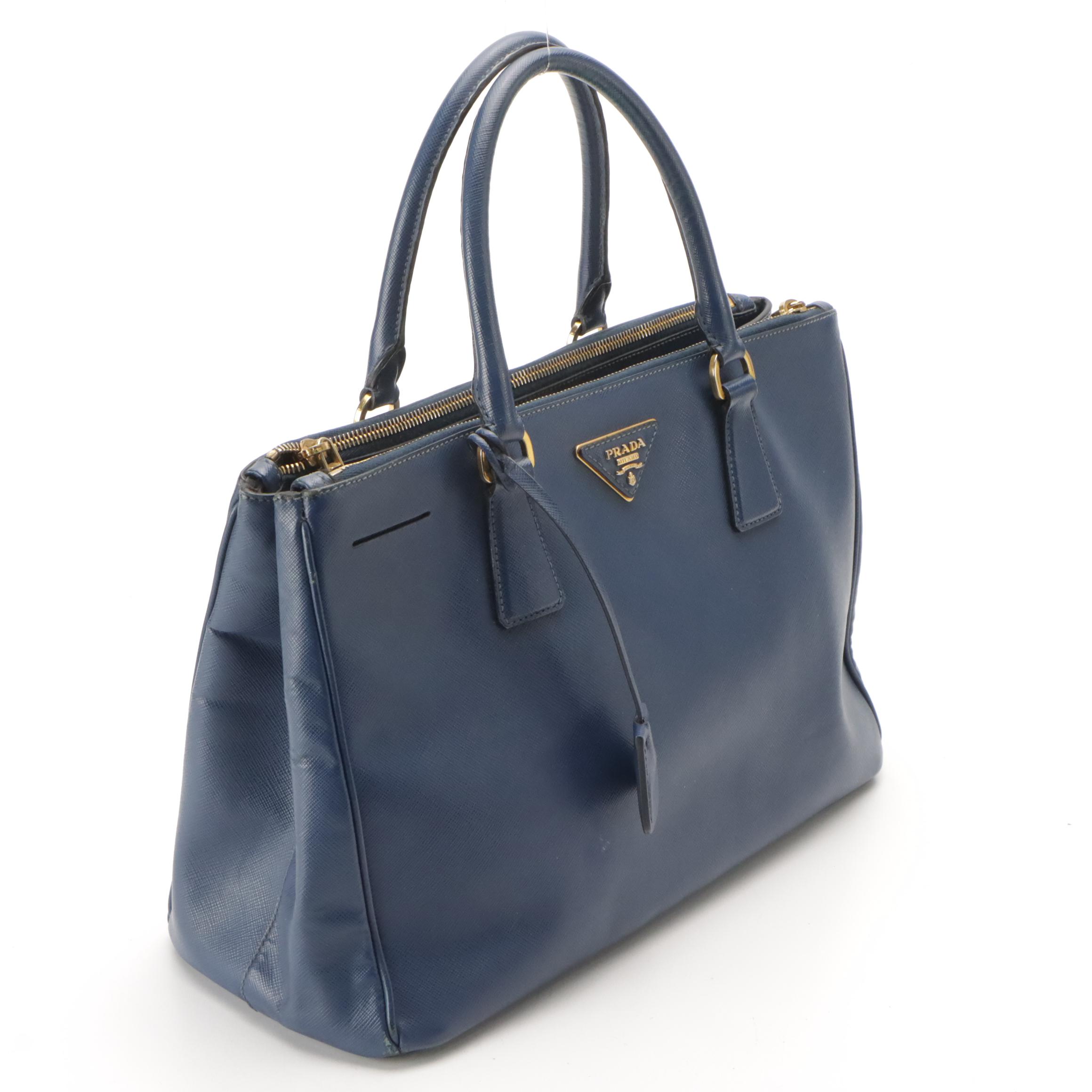 Prada Double Zip Medium Tote Bag in Navy Blue Saffiano Lux Leather