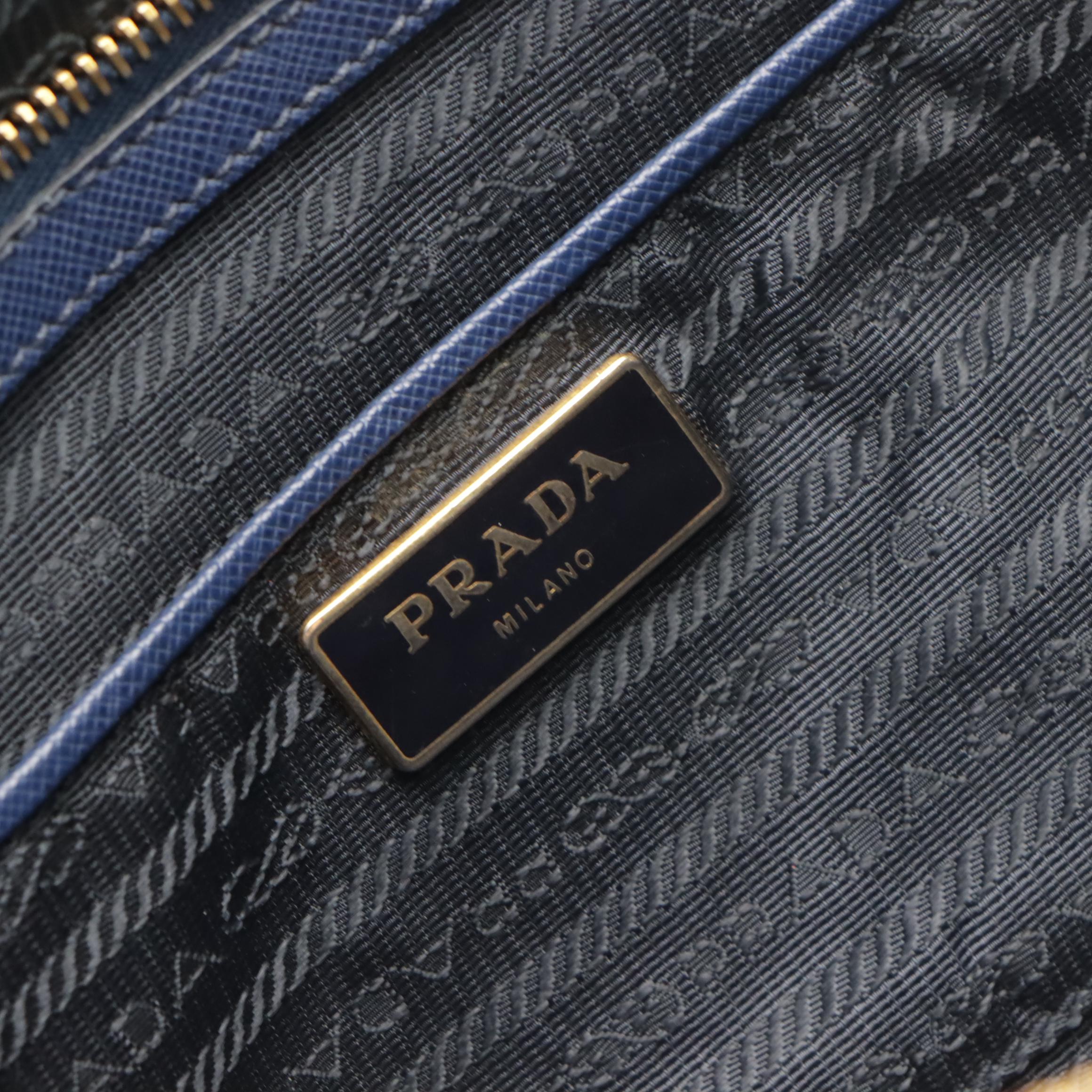 Prada Double Zip Medium Tote Bag in Navy Blue Saffiano Lux Leather