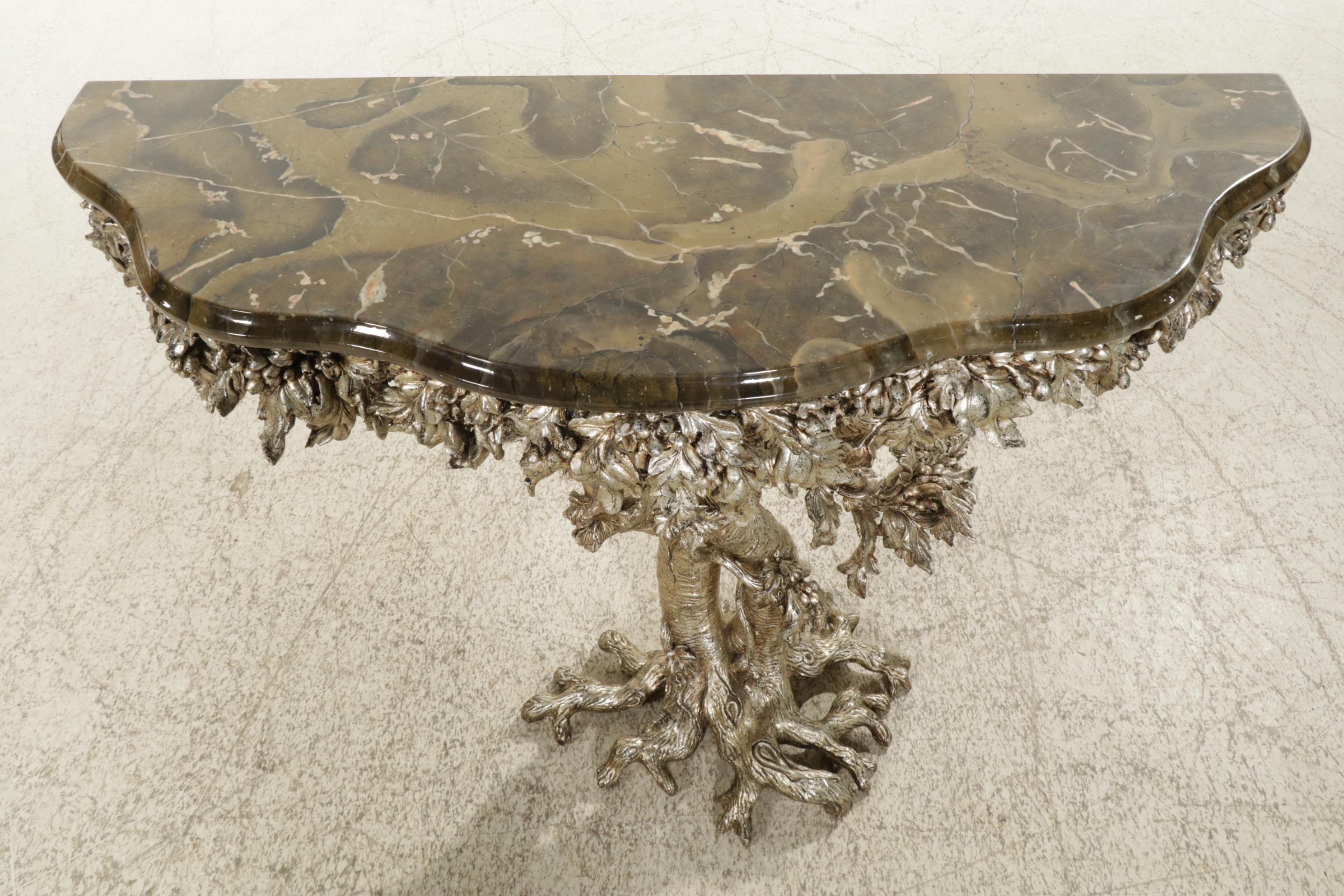 Gilded Tree Trunk Console Table with Leaf Apron Lacquered Top