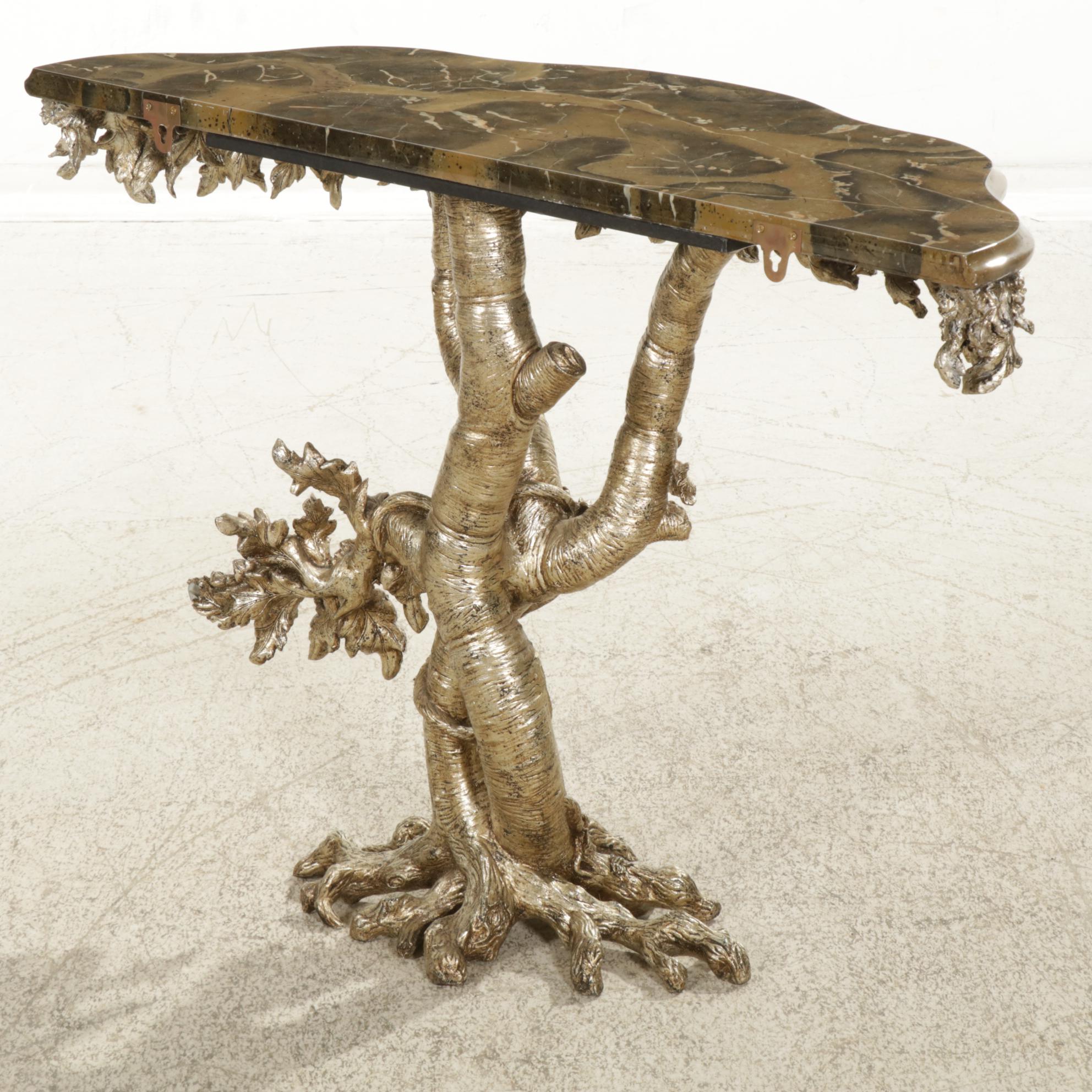 Gilded Tree Trunk Console Table with Leaf Apron Lacquered Top