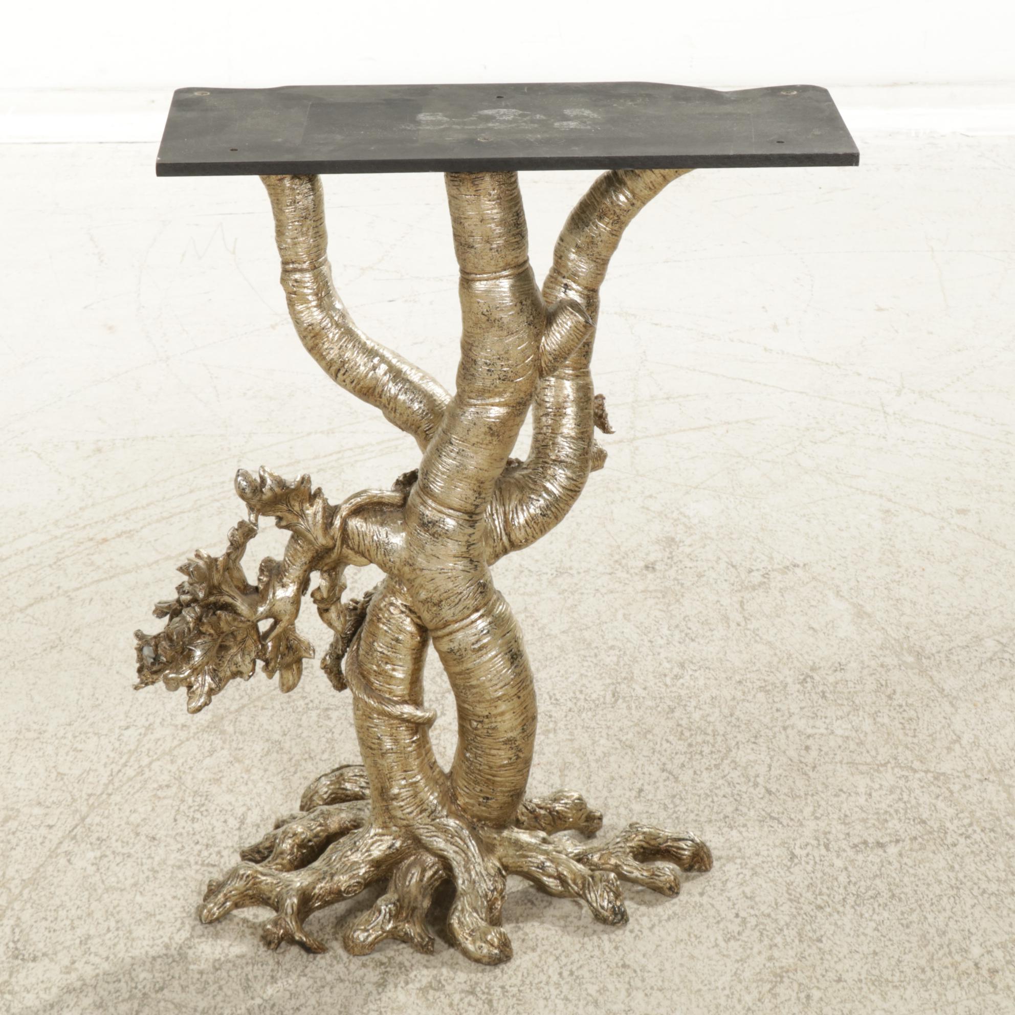 Gilded Tree Trunk Console Table with Leaf Apron Lacquered Top