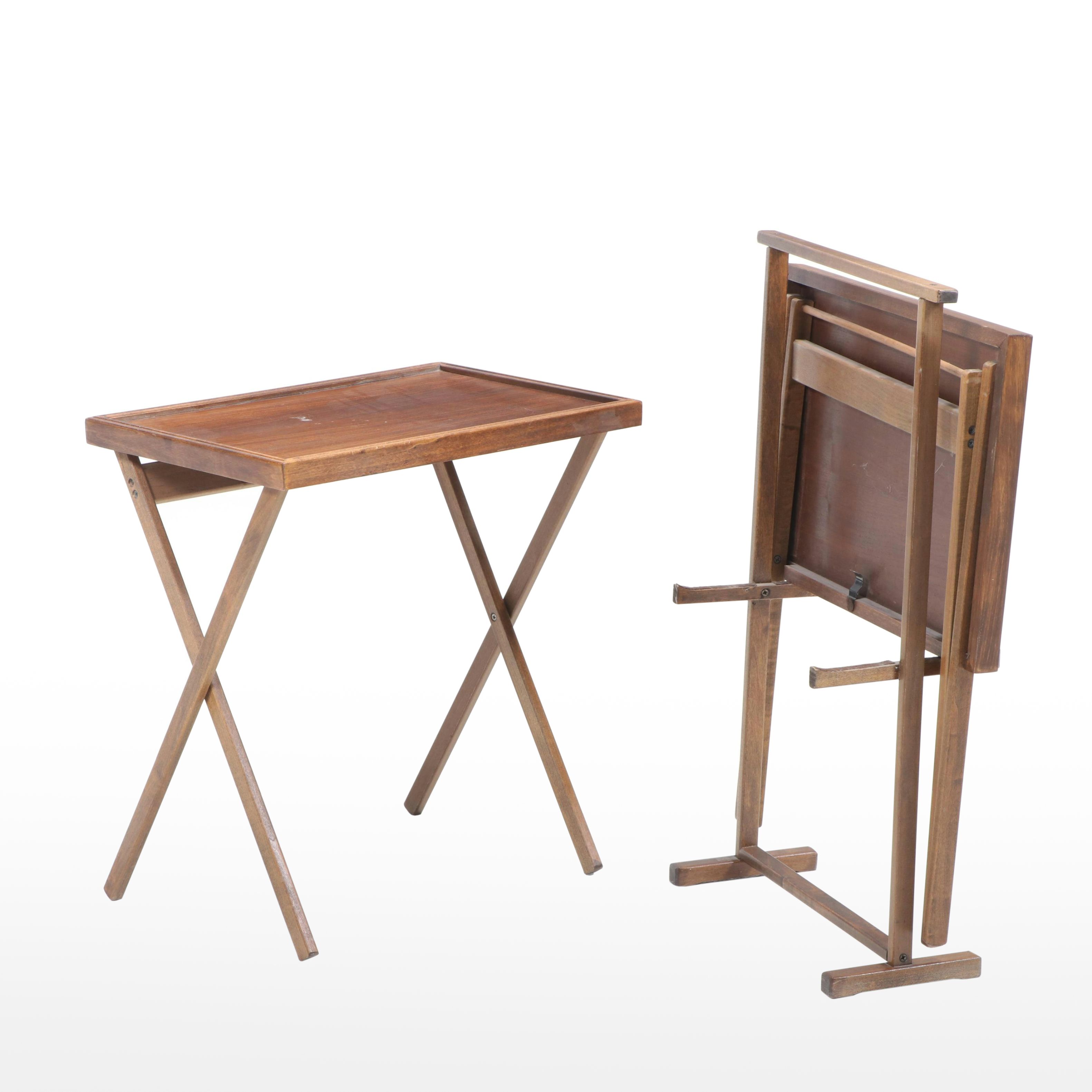 Pair of Mid Century Modern Walnut TV Tray Tables with Stand